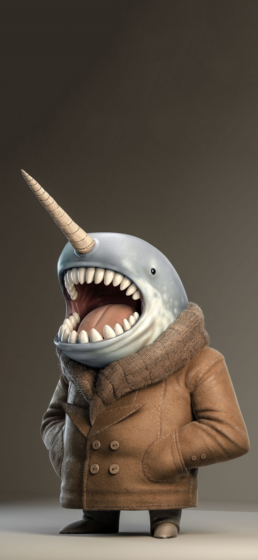 [2436×1125]纯色背景 3D鲨鱼 模型 苹果手机动漫壁纸图片