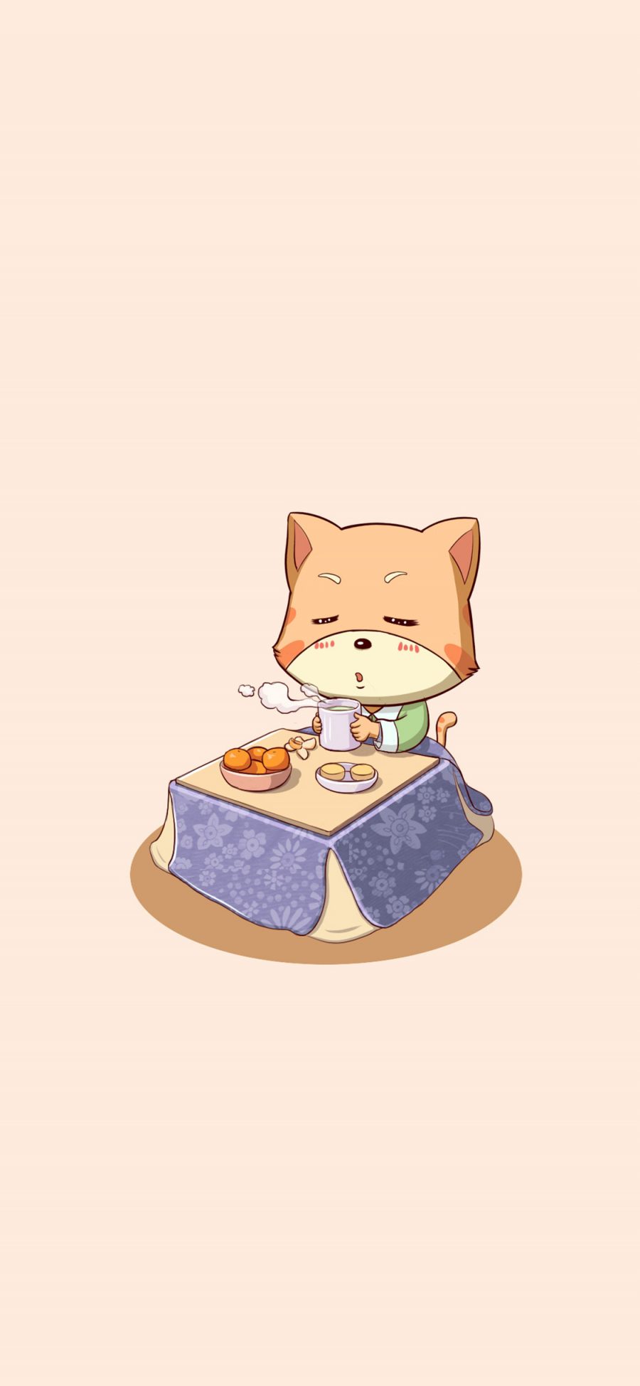 [2436×1125]纯色背景 卡通 猫咪 唐小猫 进食 苹果手机动漫壁纸图片