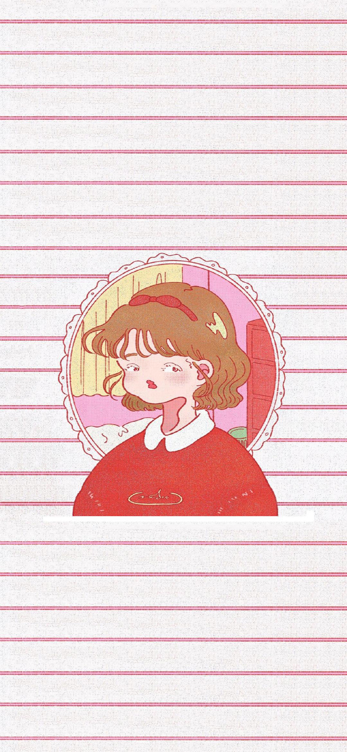 [2436×1125]线条 女孩 插图 可爱 短发 苹果手机动漫壁纸图片