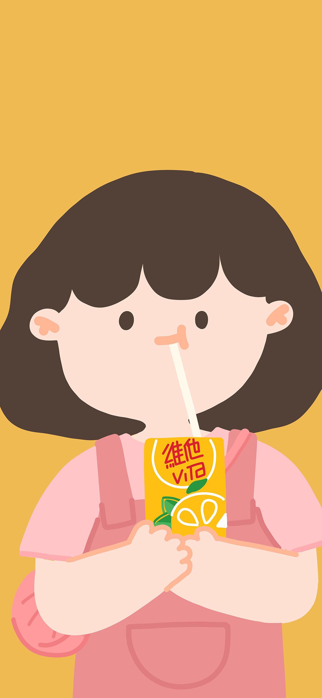 [2436×1125]维他柠檬茶 小女孩 黄色 饮料 吸管 苹果手机动漫壁纸图片
