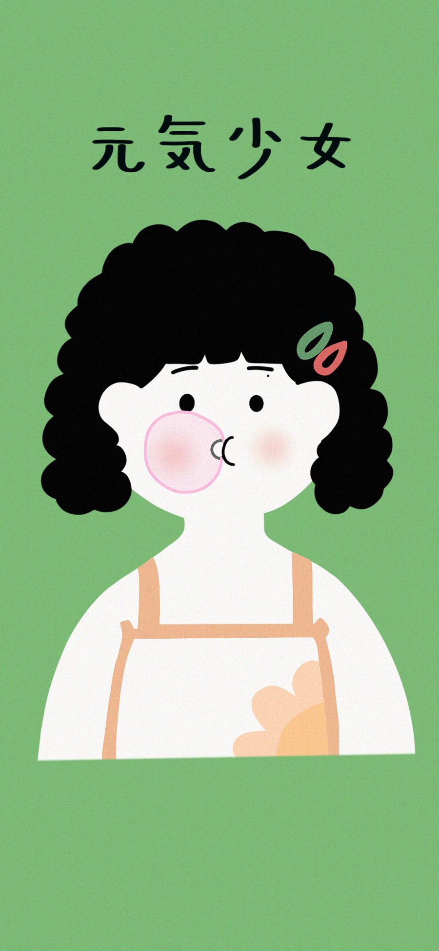 [2436×1125]绿色背景 卡通 女孩 元气少女 （取自微博：寄喜饼给你喔） 苹果手机动漫壁纸图片