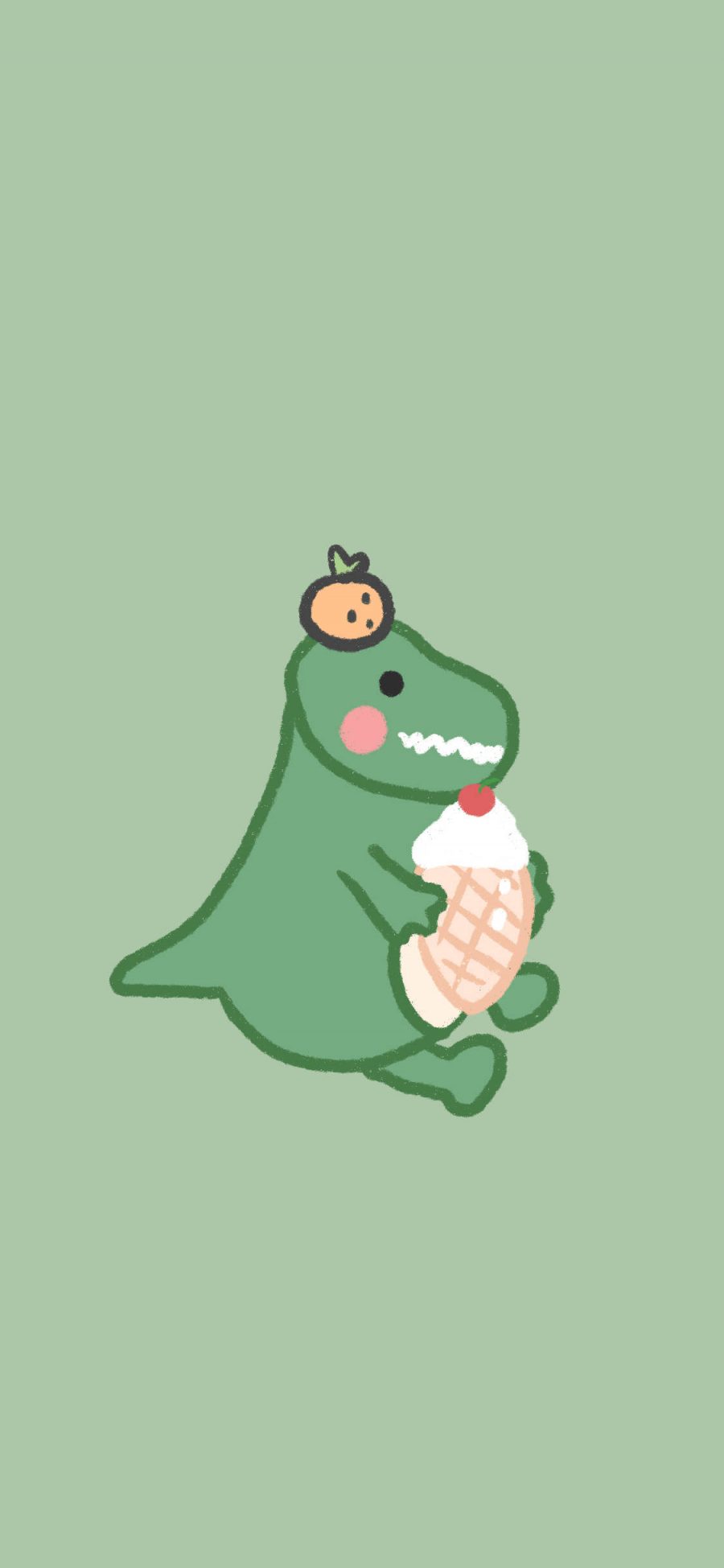 [2436×1125]绿色背景 卡通 小恐龙 冰淇淋 苹果手机动漫壁纸图片