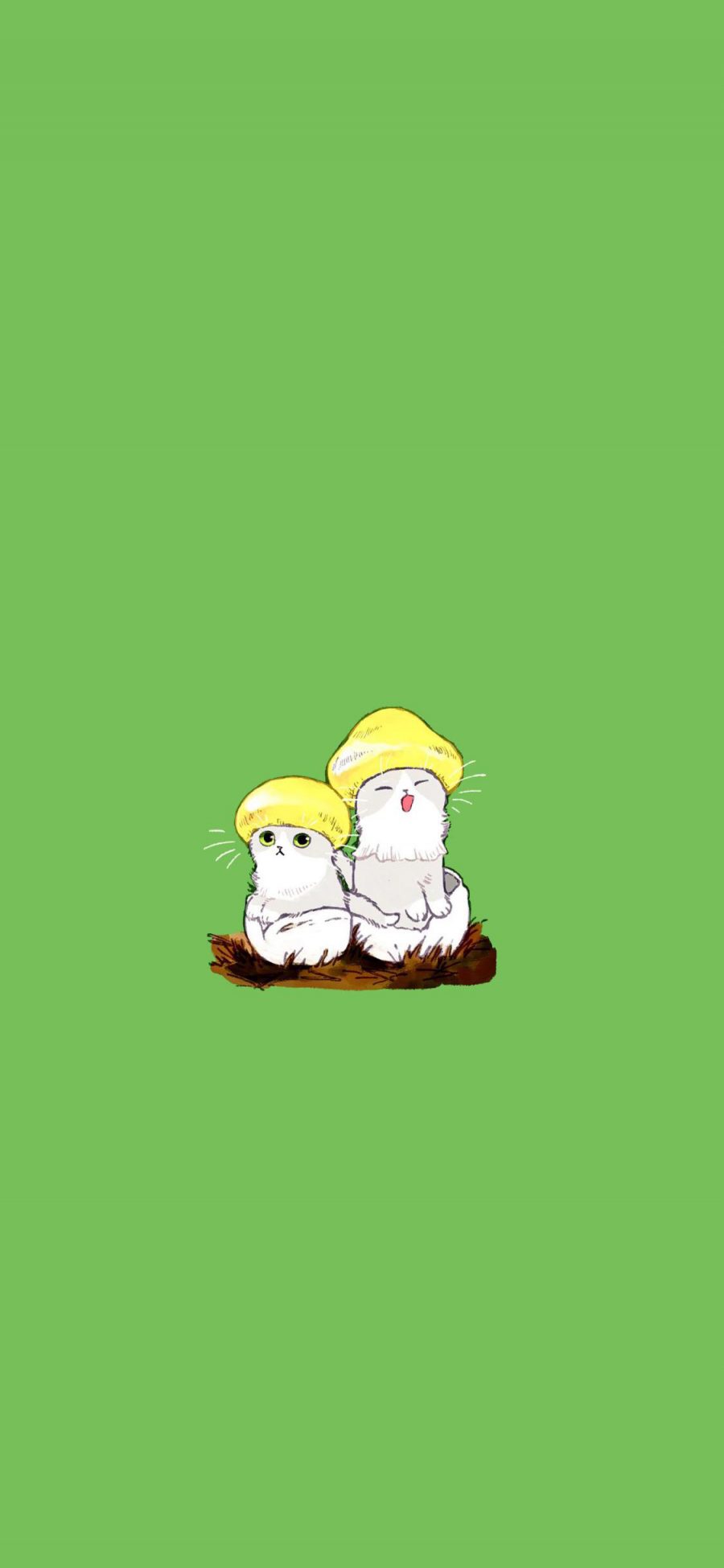 [2436×1125]绿色背景 卡通 猫咪 蘑菇 苹果手机动漫壁纸图片