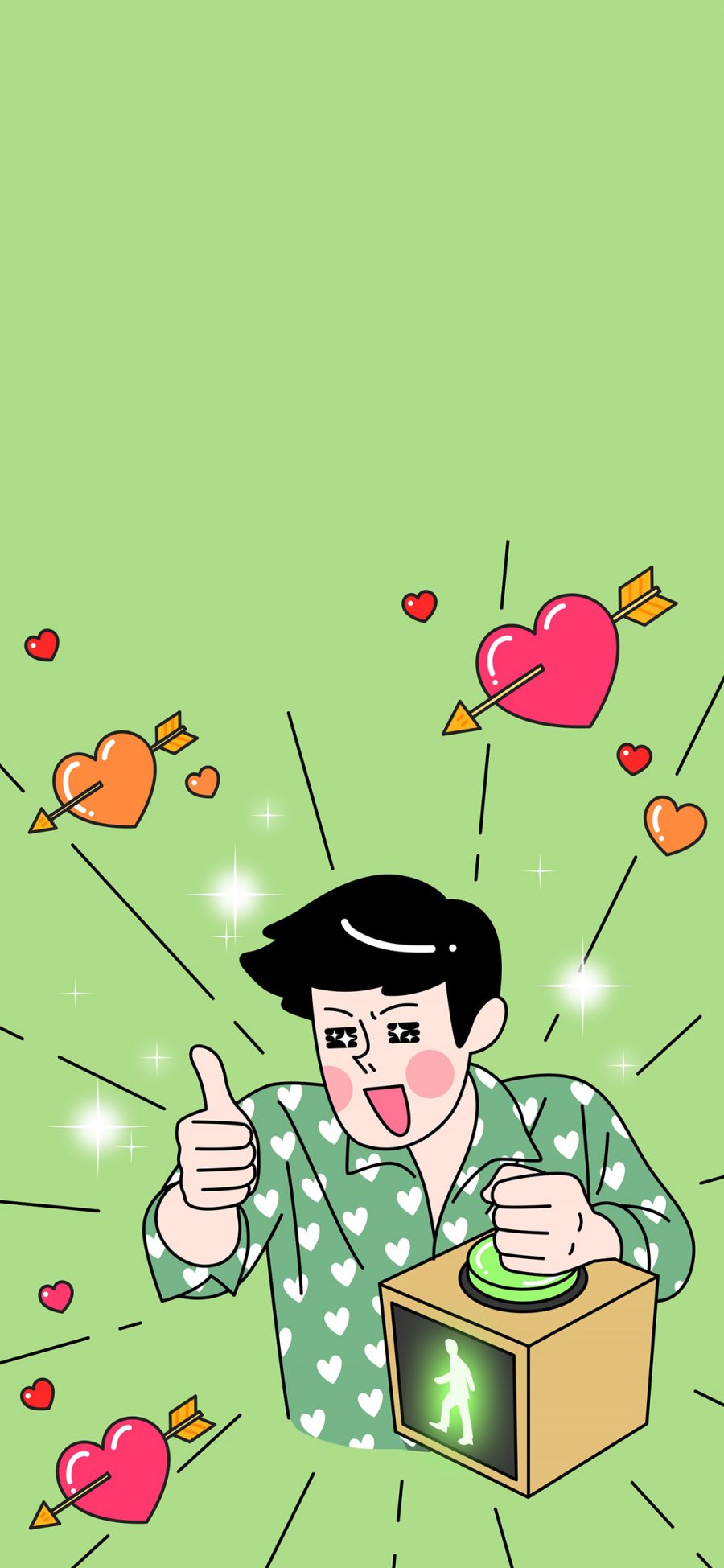 [2436×1125]绿色背景 卡通 男孩 爱心 苹果手机动漫壁纸图片