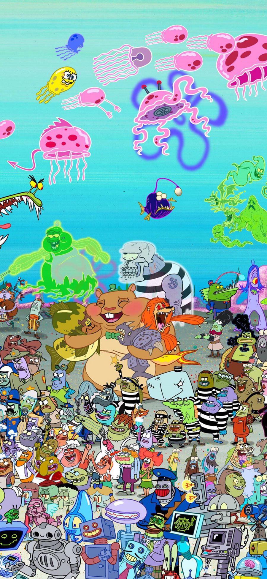 [2436×1125]美国 动画 海绵宝宝 比基尼海滩  合集 苹果手机动漫壁纸图片