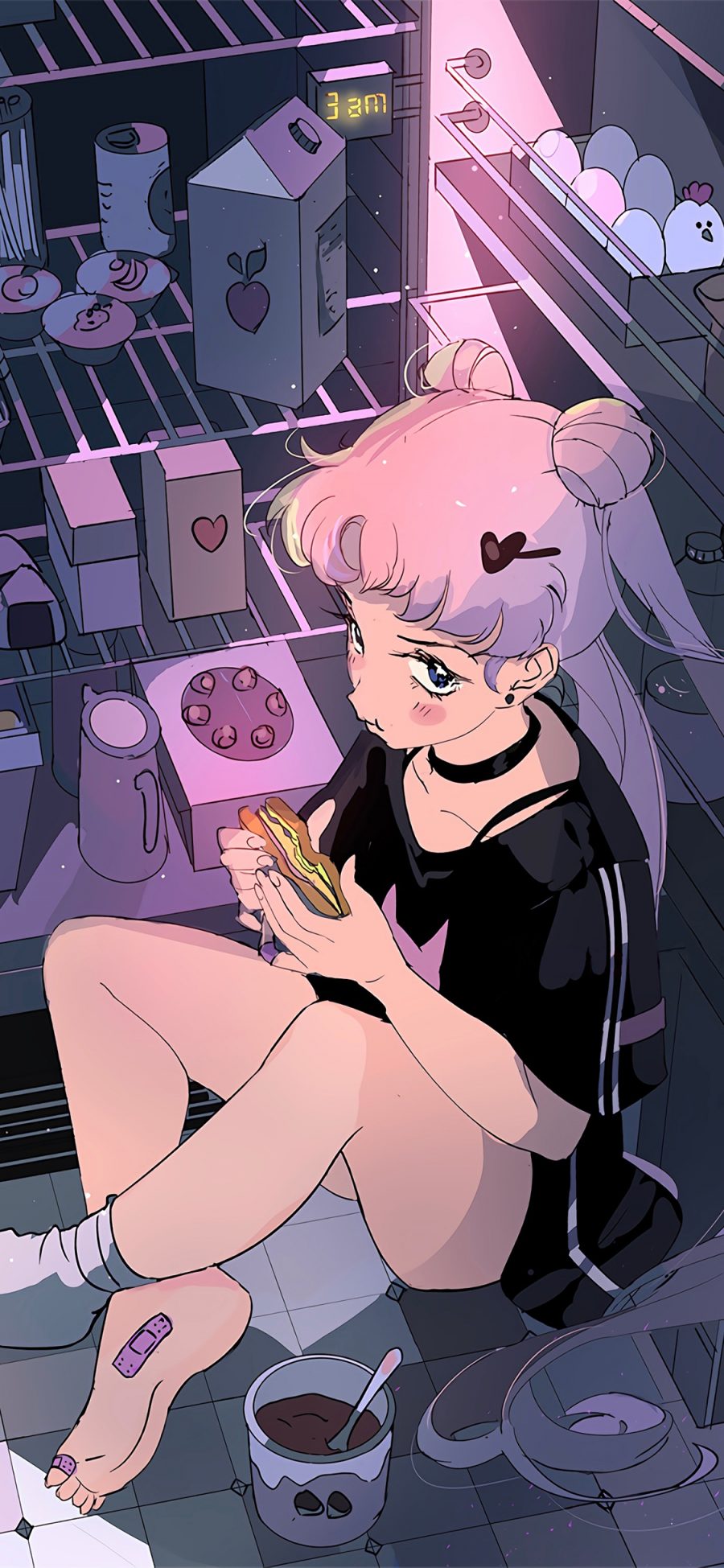 [2436×1125]美少女战士 紫色 冰箱 吃 三明治 漫画 创可贴 苹果手机动漫壁纸图片