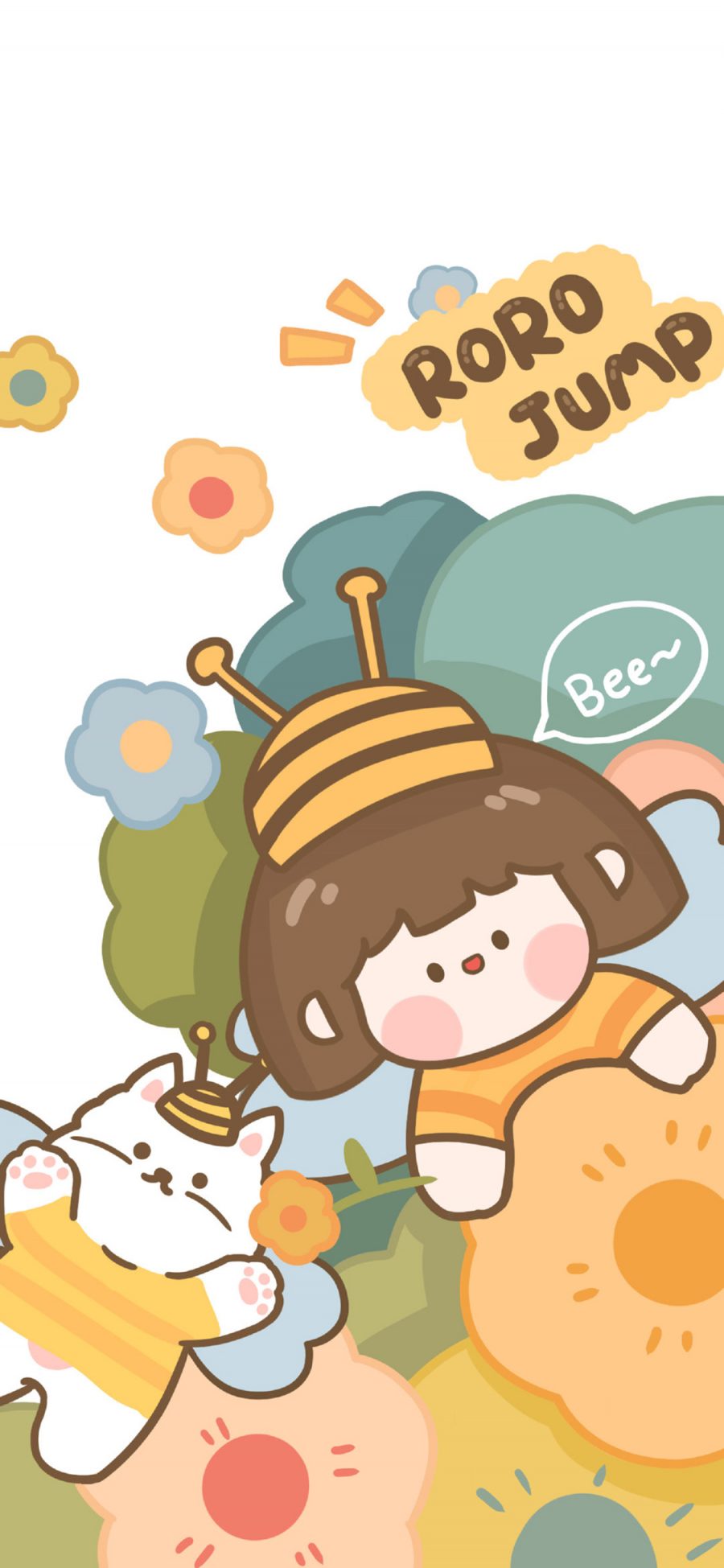 [2436×1125]肉肉酱 蜜蜂 bee 花 小女孩 猫咪 苹果手机动漫壁纸图片