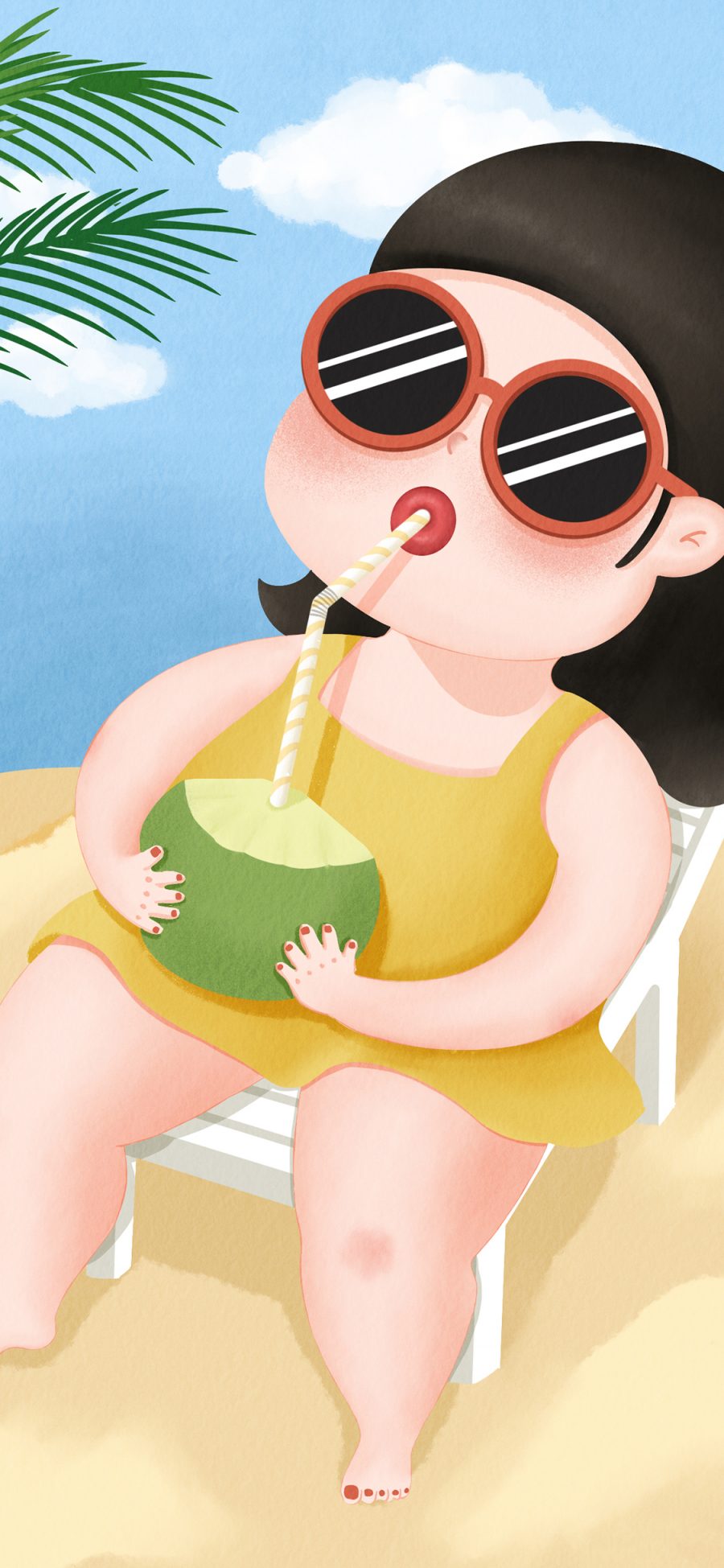 [2436×1125]胖妞 可爱 沙滩 椰青 苹果手机动漫壁纸图片