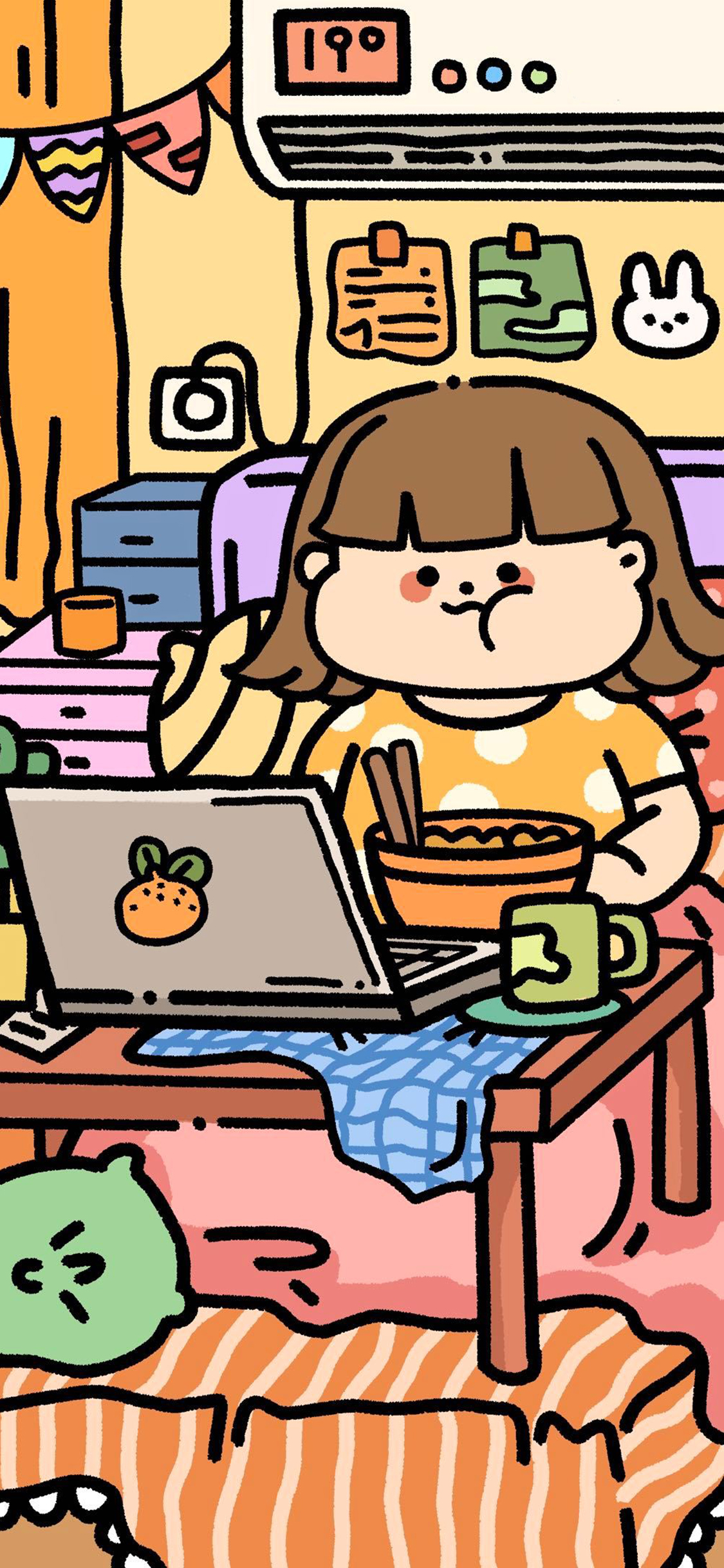 [2436×1125]胖妹 可爱 卡通 居家 苹果手机动漫壁纸图片