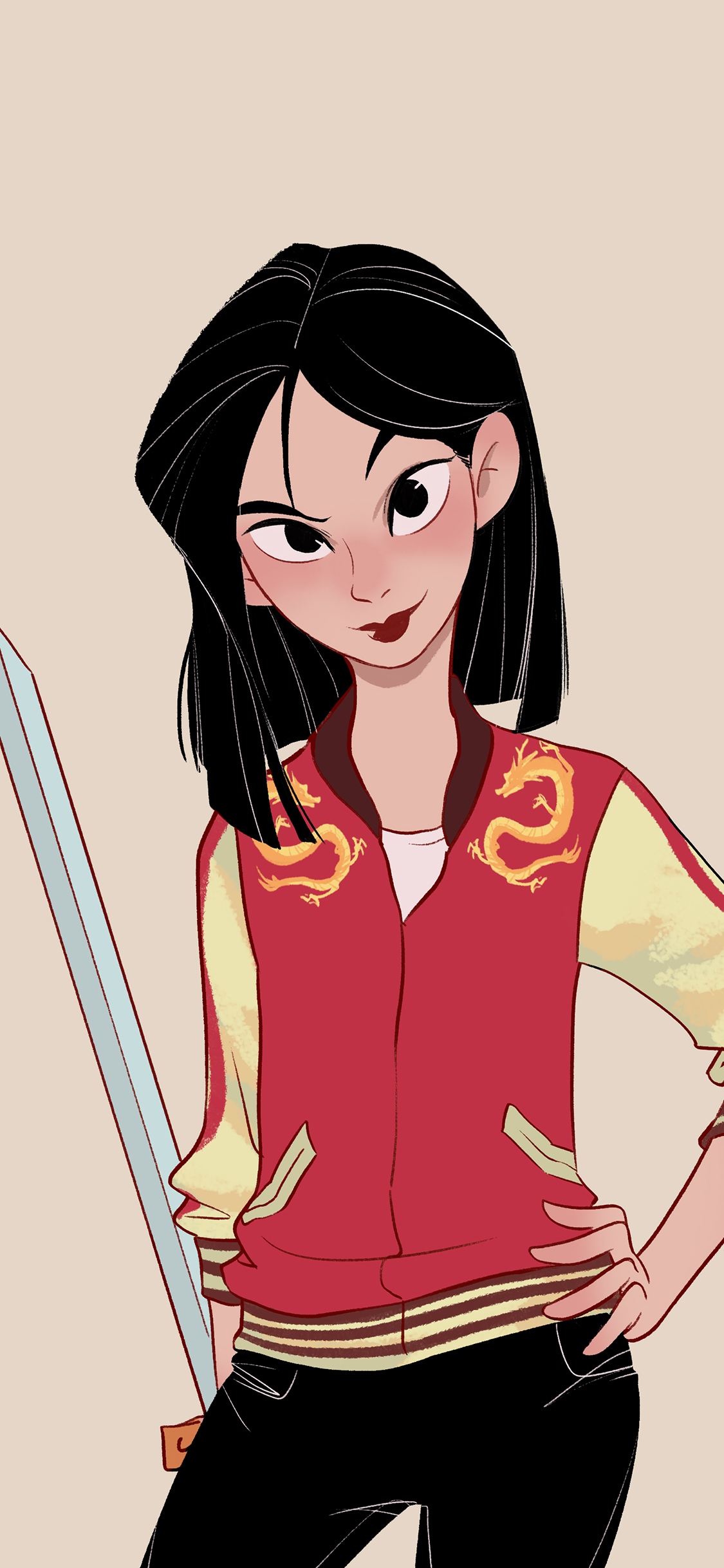 [2436×1125]花木兰 背影 私服 中国风 潮服 剑 苹果手机动漫壁纸图片