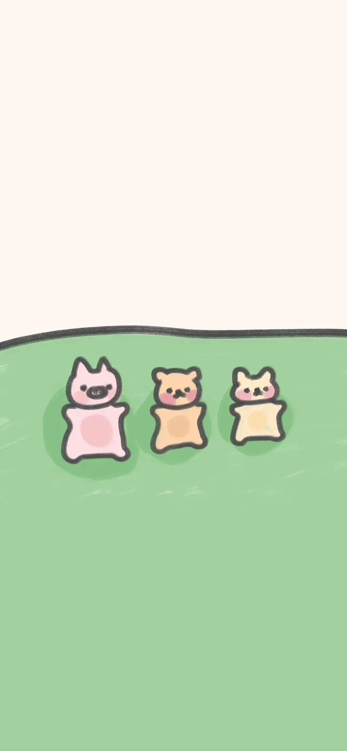 [2436×1125]草地 卡通萌物 小猪 小熊 苹果手机动漫壁纸图片