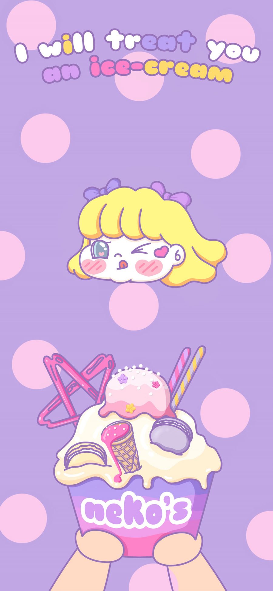 [2436×1125]萌咔便利店 卡通 紫色 可爱 少女 冰淇淋 甜品 波点 苹果手机动漫壁纸图片