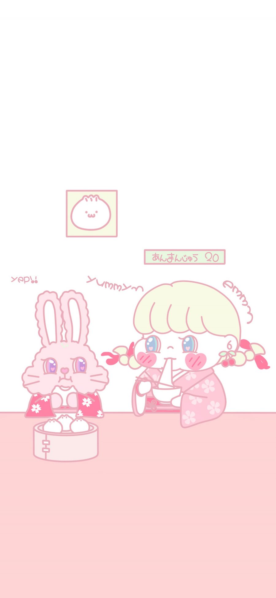 [2436×1125]萌咔便利店 小女孩 和服 包子 吃 粉色 苹果手机动漫壁纸图片