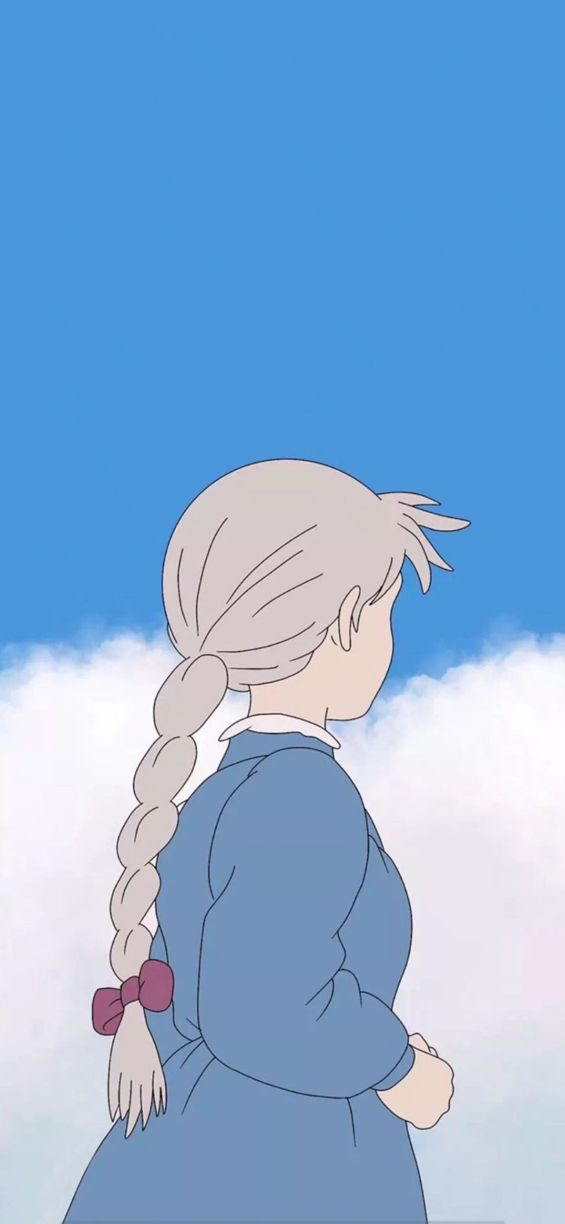 [2436×1125]蓝色背景 动漫少女 背影 辫子 苹果手机动漫壁纸图片