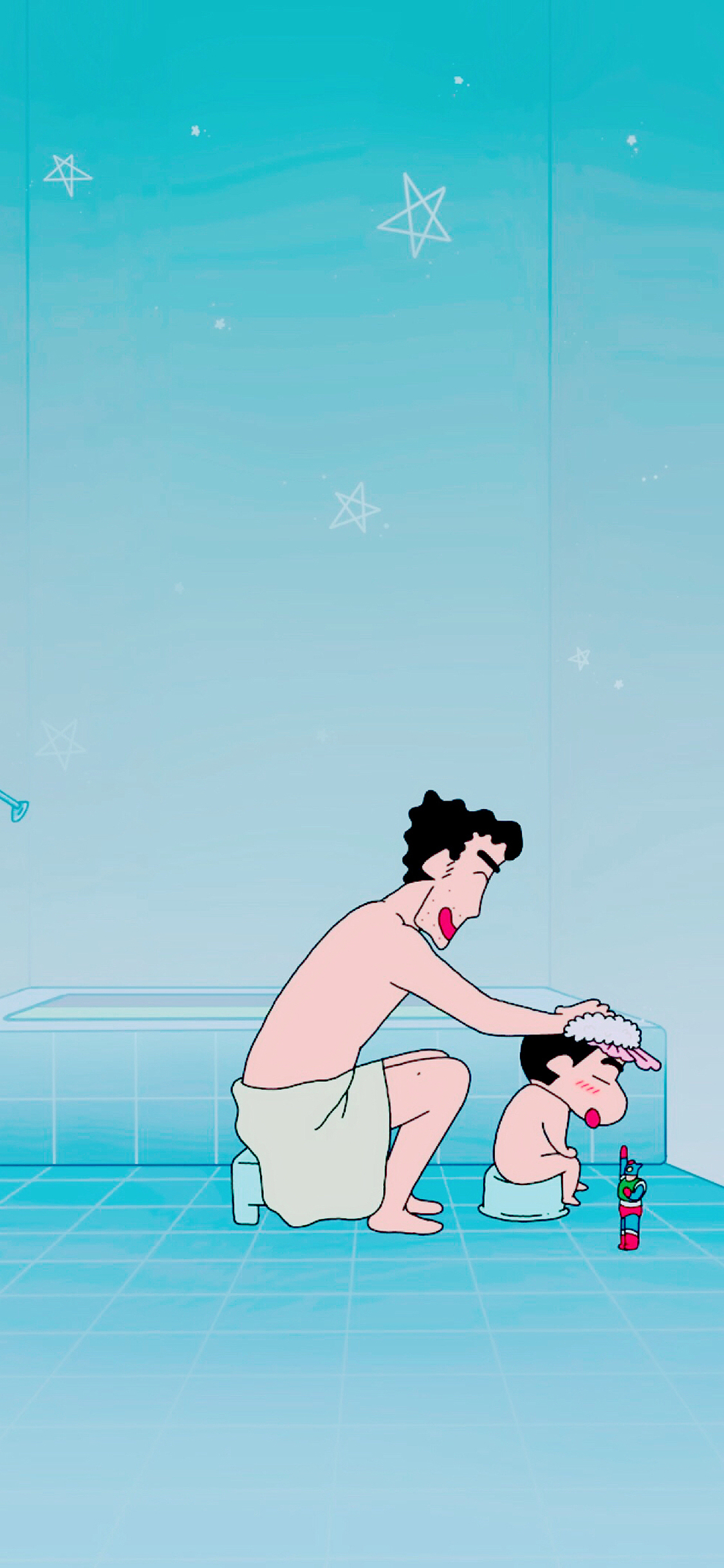 [2436×1125]蜡笔小新 动画 洗澡 搓澡 苹果手机动漫壁纸图片