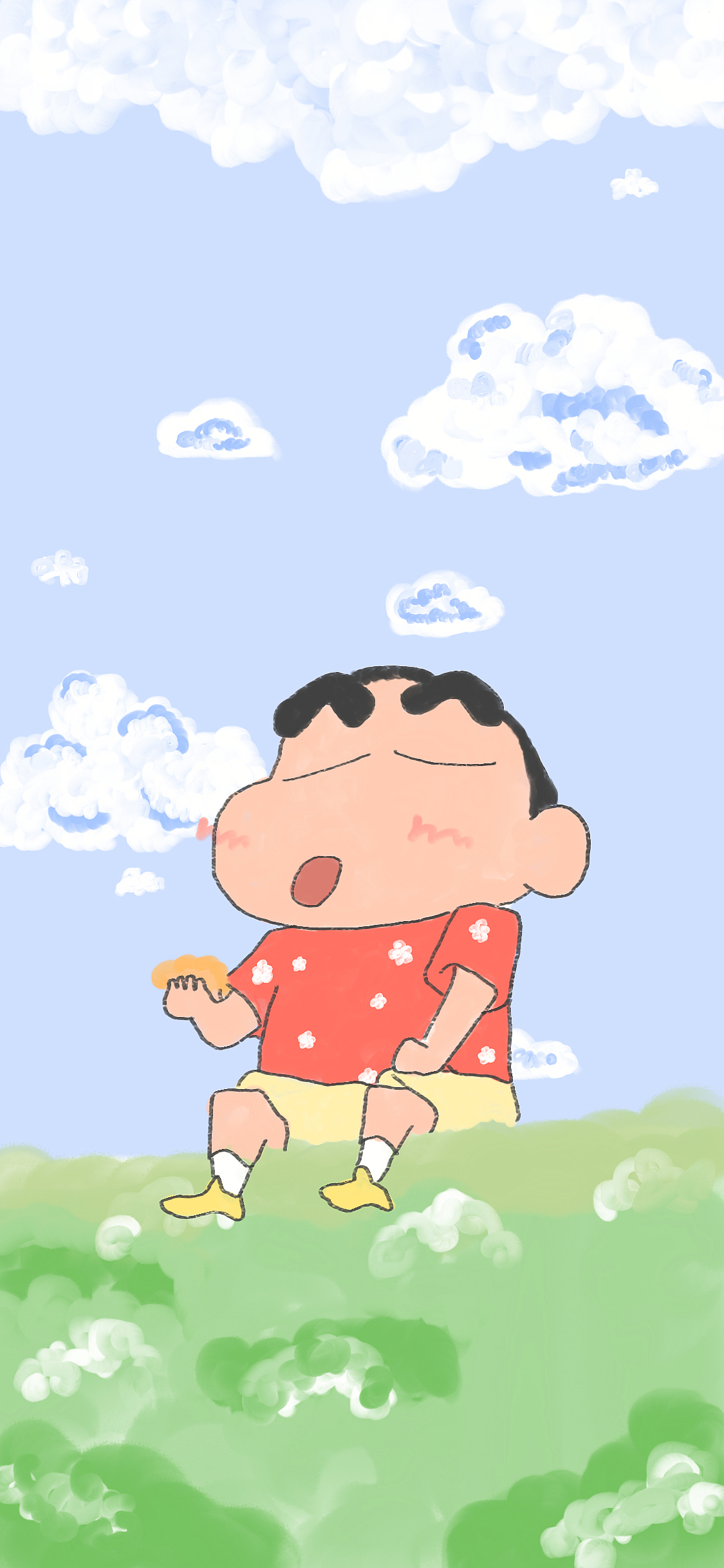 [2436×1125]蜡笔小新 动画 草地 太空 苹果手机动漫壁纸图片