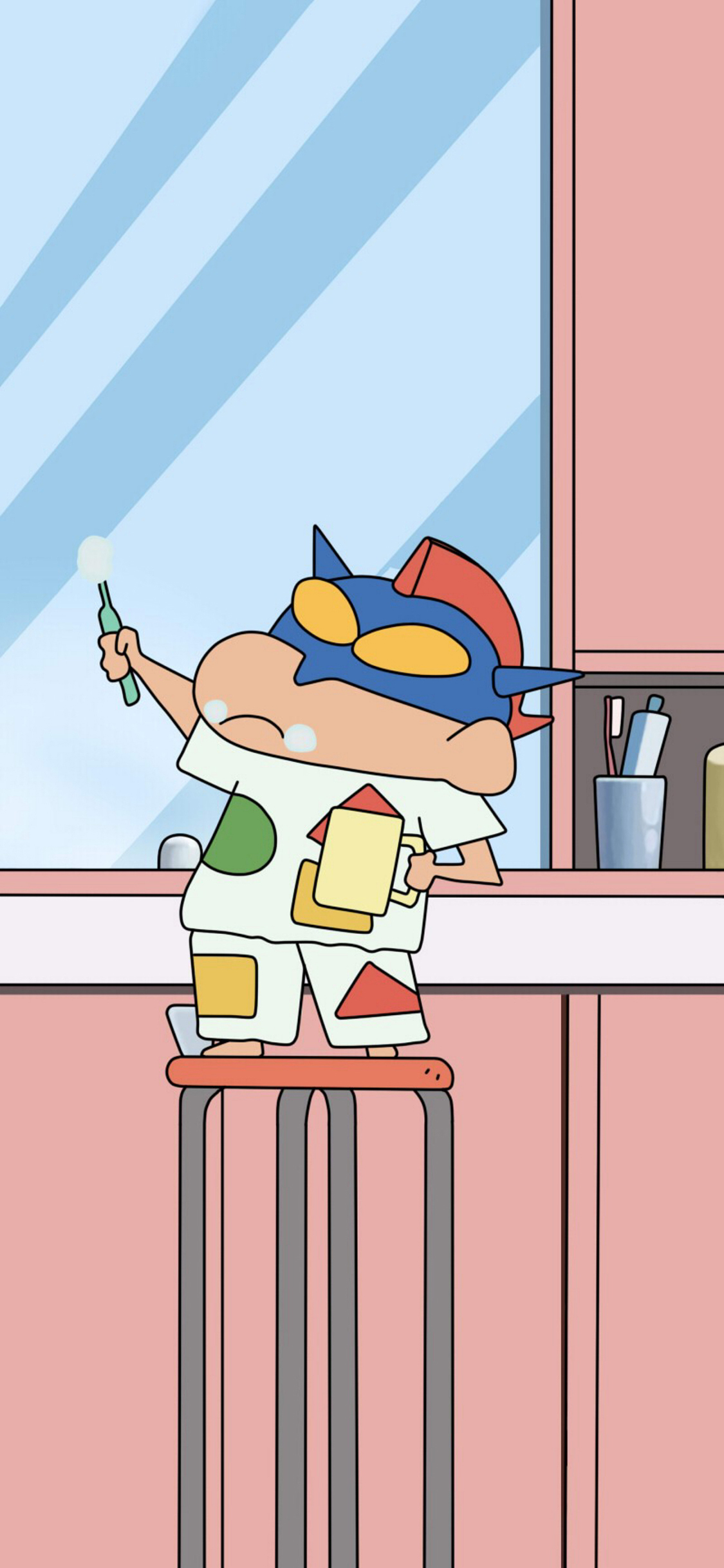 [2436×1125]蜡笔小新 咸蛋超人 刷牙 动画 苹果手机动漫壁纸图片