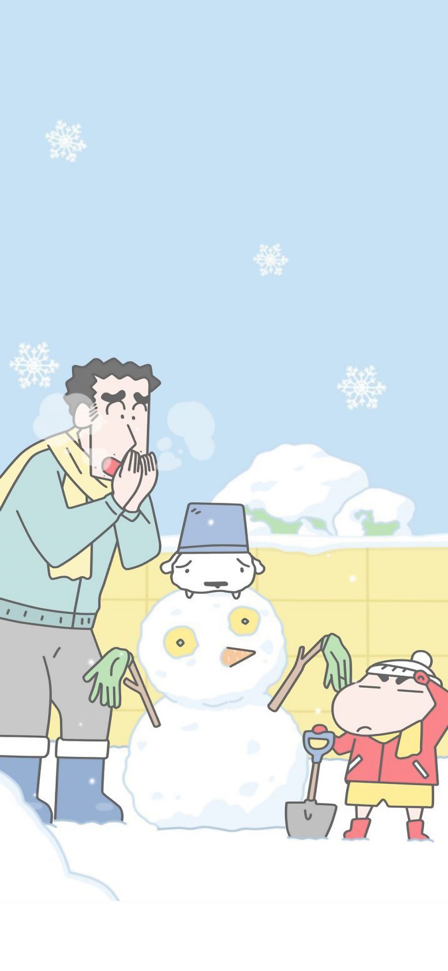 [2436×1125]蜡笔小新 堆雪人 冬天 爸爸 日本 动画 苹果手机动漫壁纸图片
