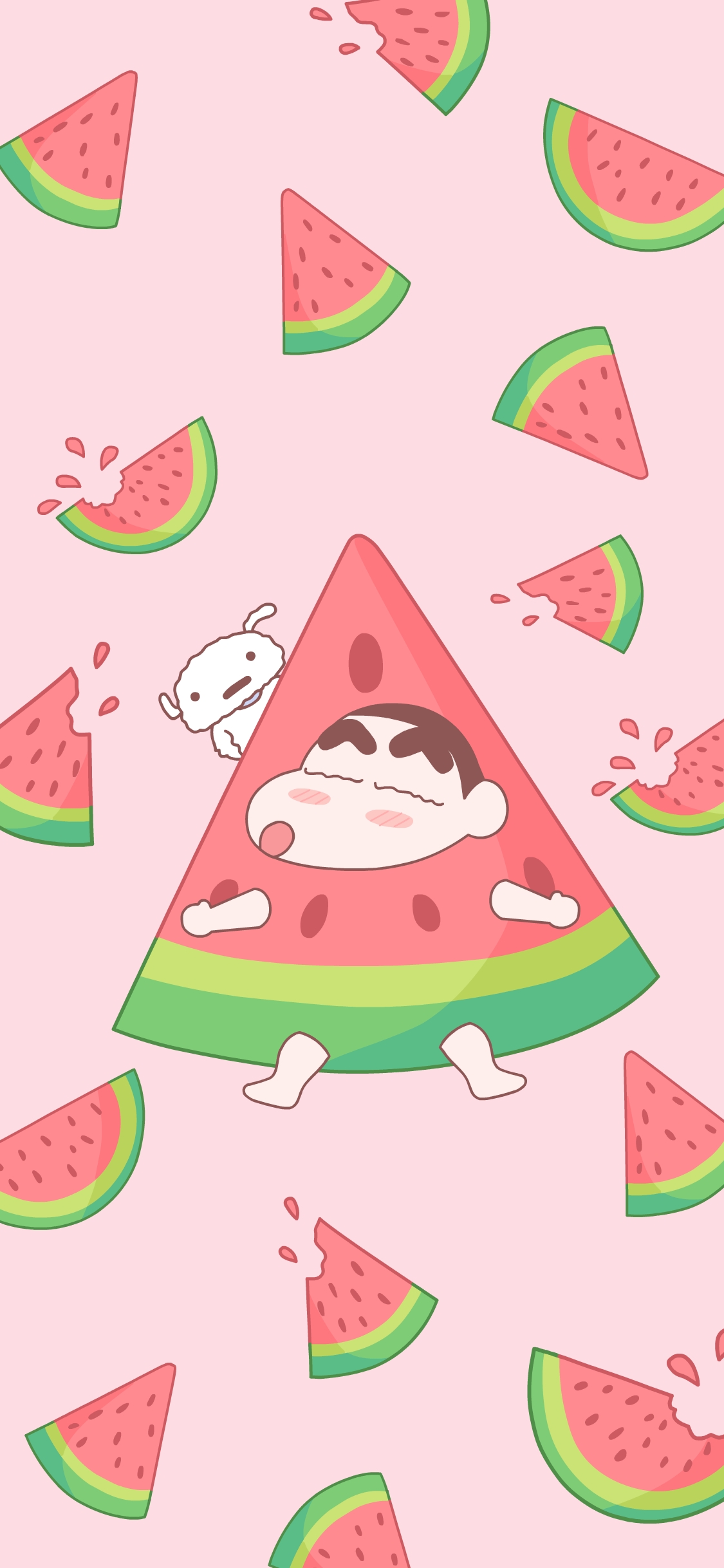 [2436×1125]蜡笔小新 小白 粉色 卡通 西瓜 可爱 苹果手机动漫壁纸图片