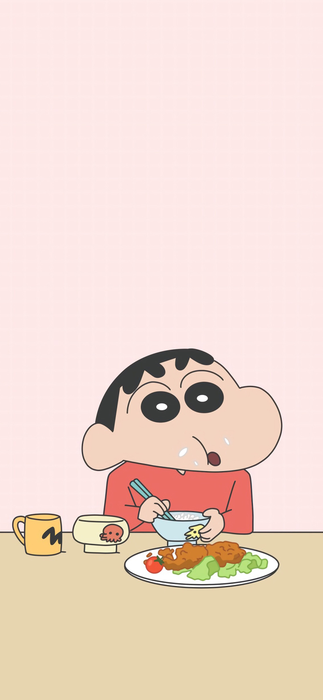 [2436×1125]蜡笔小新 日本 动画 粉色 吃饭 饭粒 苹果手机动漫壁纸图片