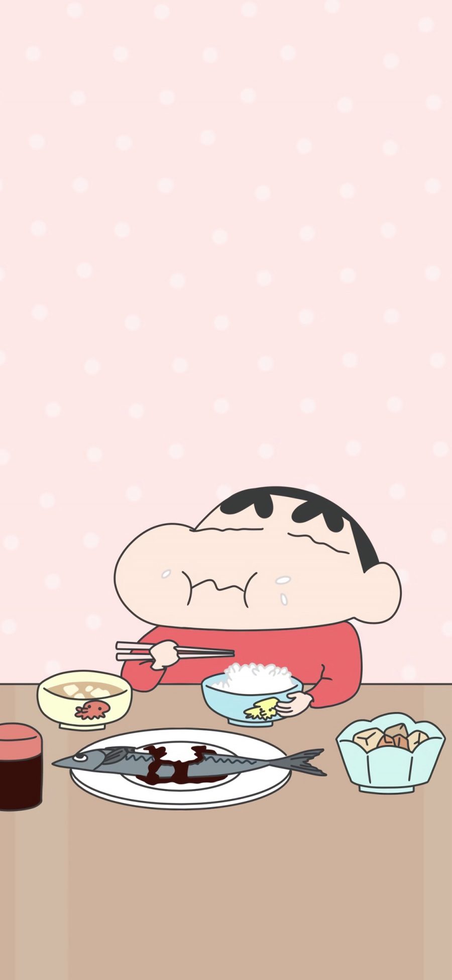 [2436×1125]蜡笔小新 日本 动画 粉色 吃饭 鱼 苹果手机动漫壁纸图片