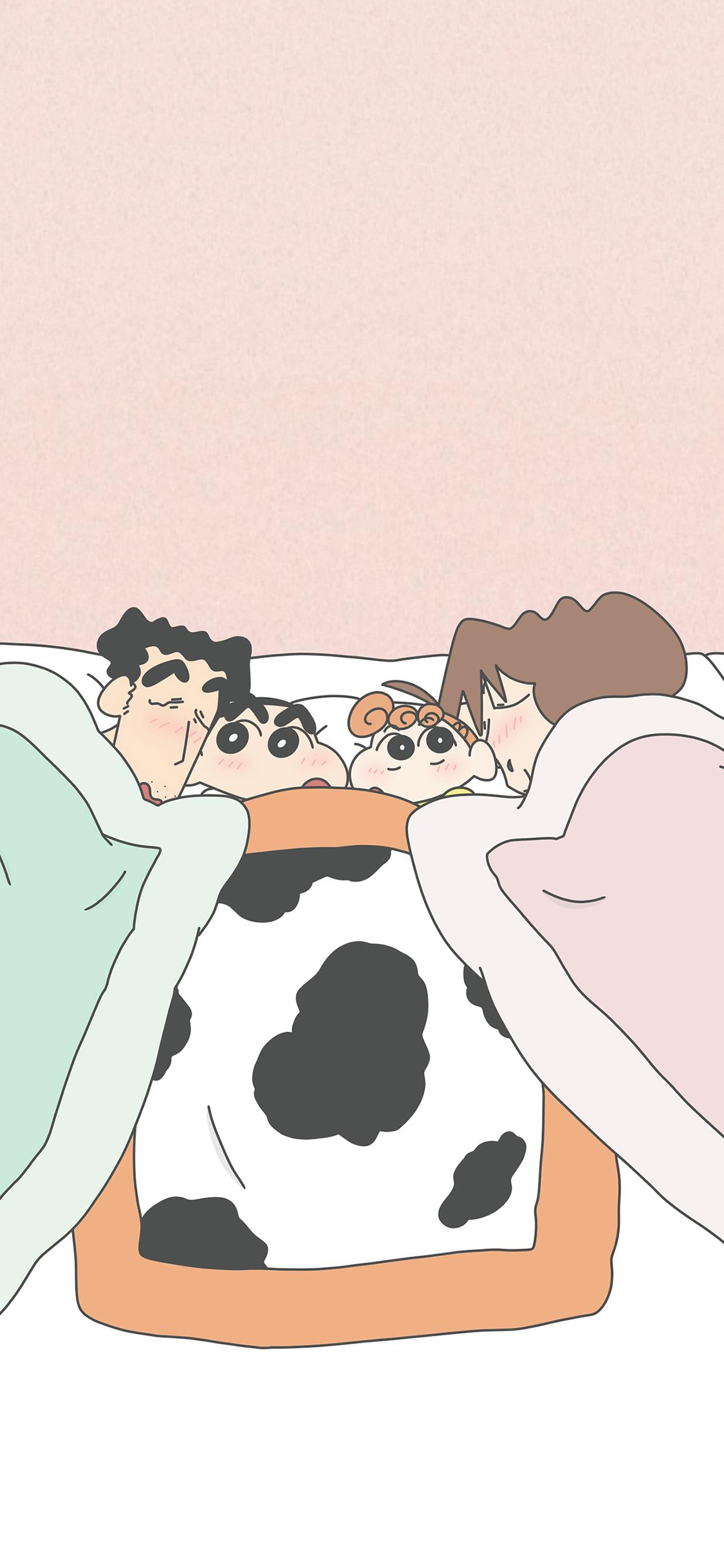 [2436×1125]蜡笔小新 被窝 一家人 动画 卡通 日本 苹果手机动漫壁纸图片