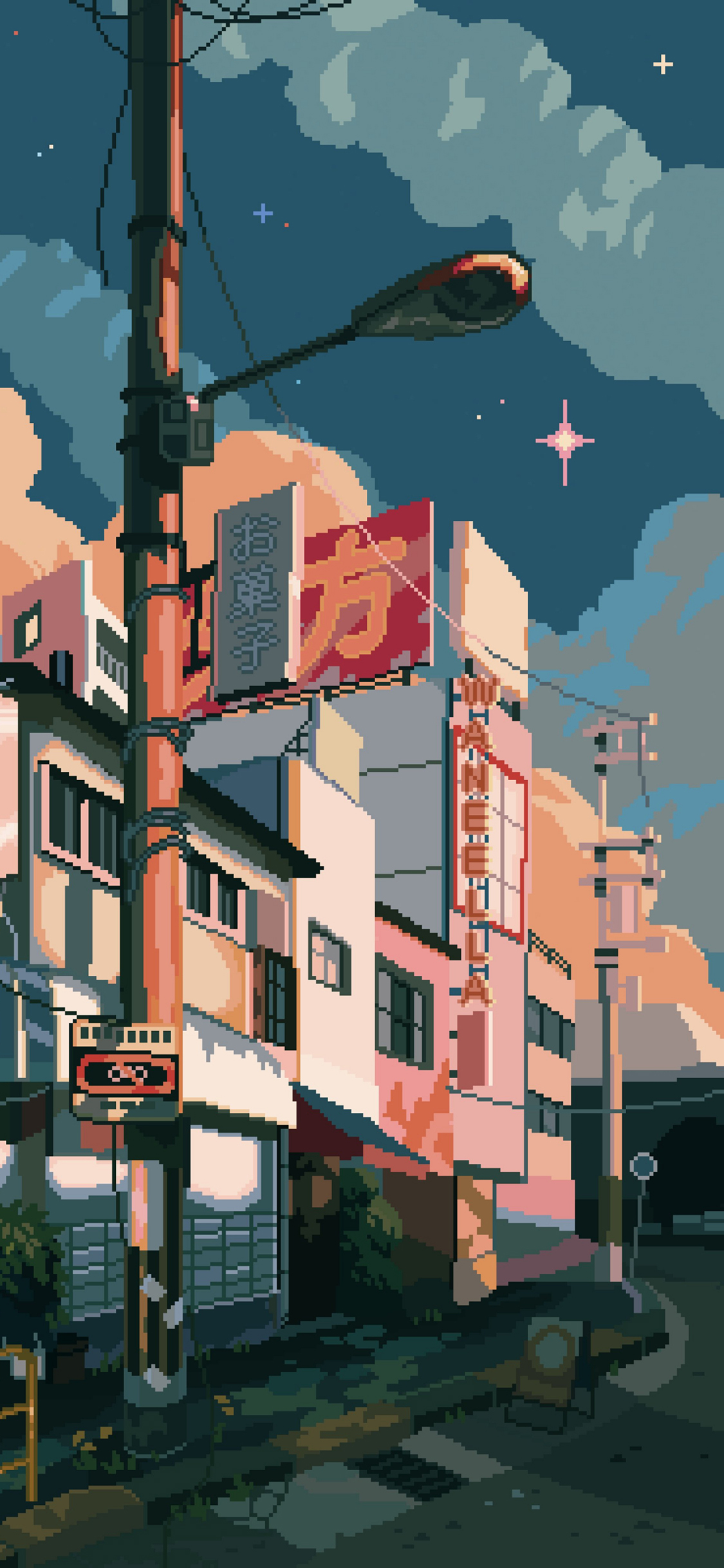 [2436×1125]街道 像素风 路灯 房屋 苹果手机动漫壁纸图片