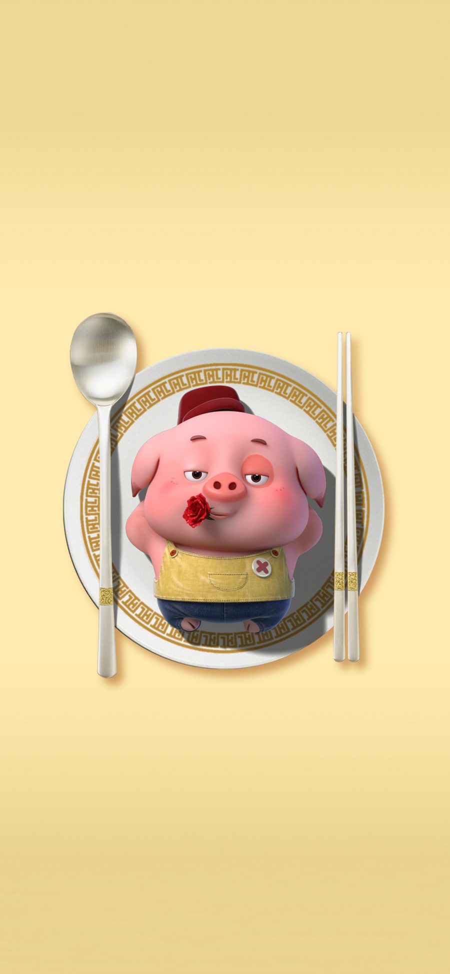 [2436×1125]豆豆猪 可爱 卡通 餐具 黄色 苹果手机动漫壁纸图片