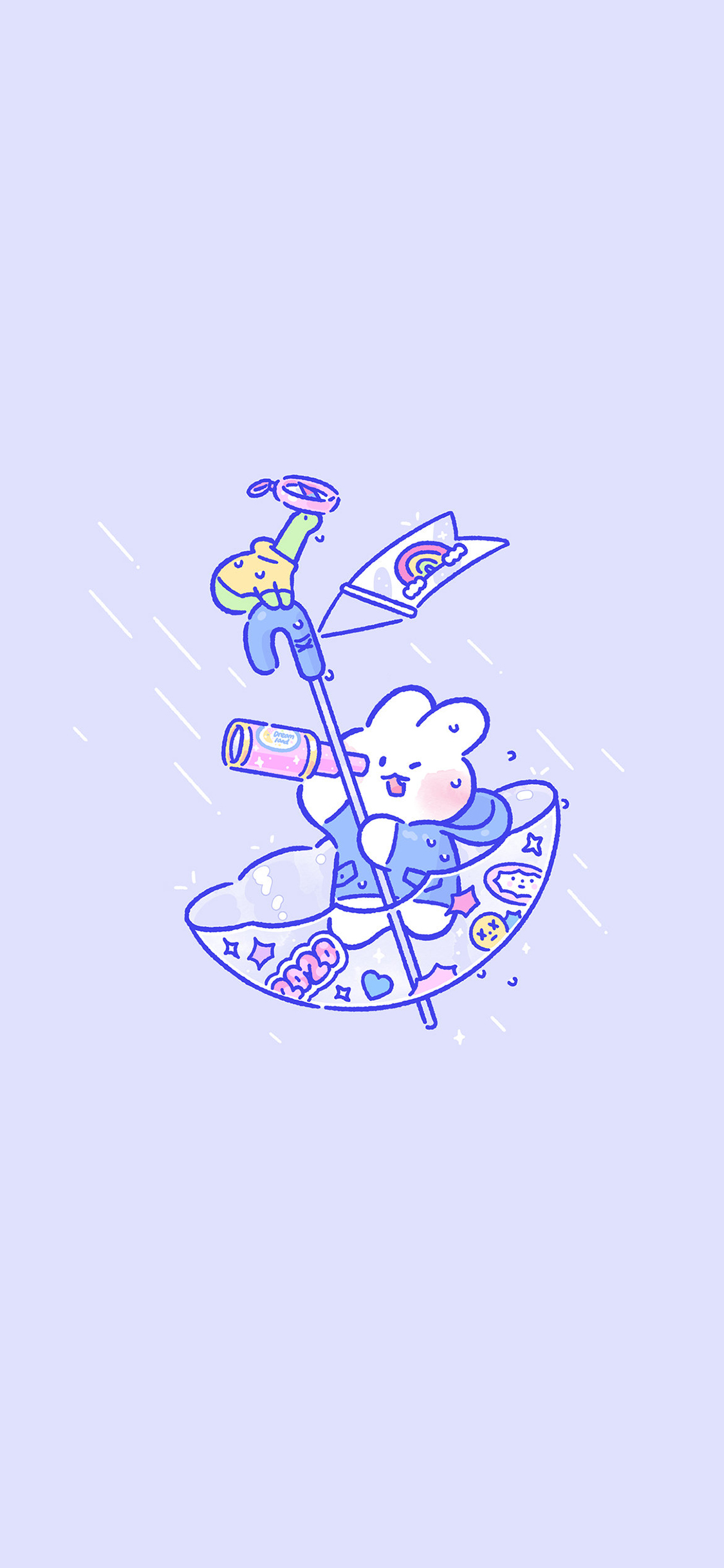 [2436×1125]软萌兔 mongmong 紫色 航行 望远镜 兔子 苹果手机动漫壁纸图片