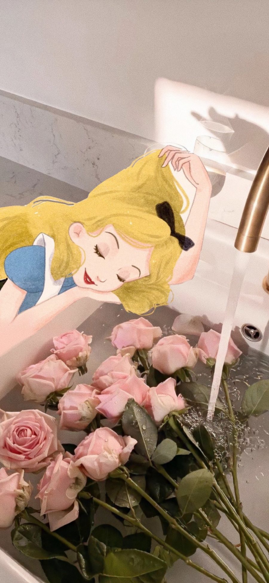 [2436×1125]迪士尼公主 爱丽丝 玫瑰花 粉色 苹果手机动漫壁纸图片