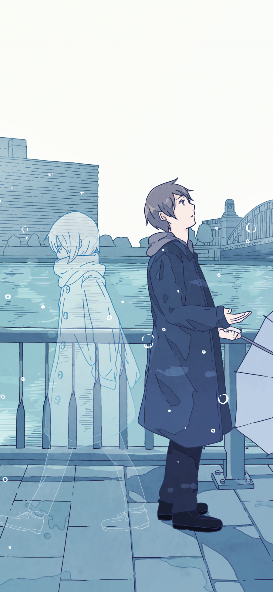 [2436×1125]雨 男孩 思念 江边 蓝色 伞 爱情 苹果手机动漫壁纸图片