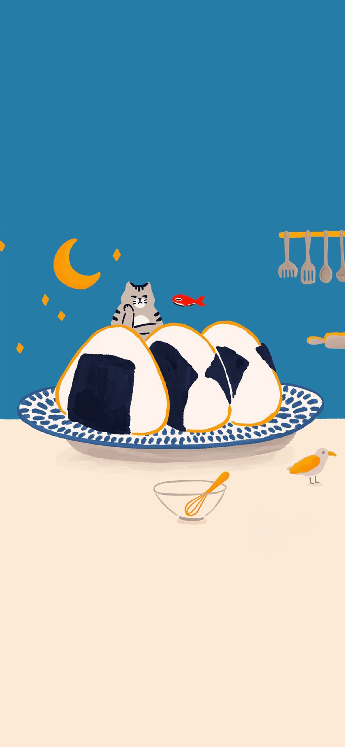 [2436×1125]韩风 插图 猫咪 饭团 苹果手机动漫壁纸图片