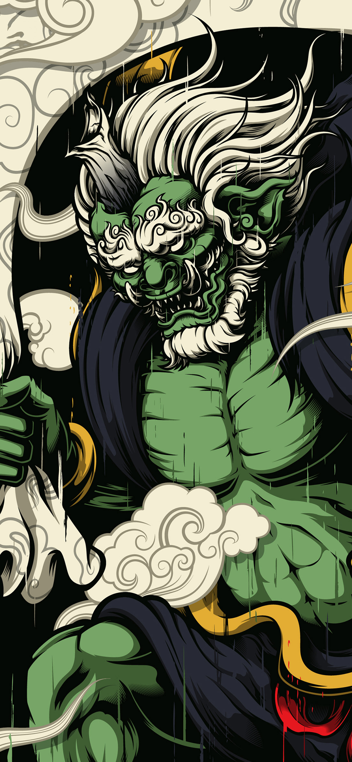 [2436×1125]鬼怪 凶狠 漫画 腹肌 绿色 苹果手机动漫壁纸图片