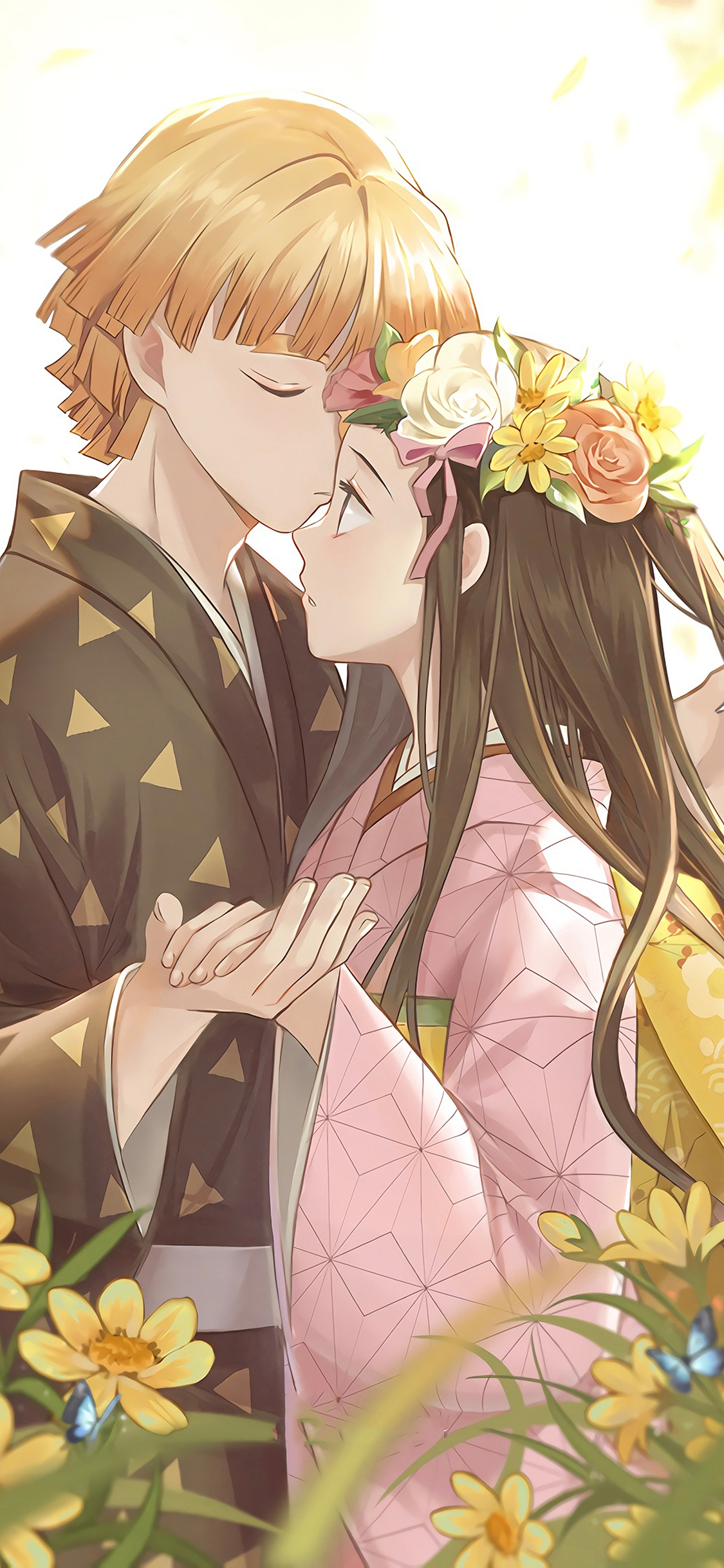 [2436×1125]鬼灭之刃 日漫 我妻善逸 祢豆子 苹果手机动漫壁纸图片