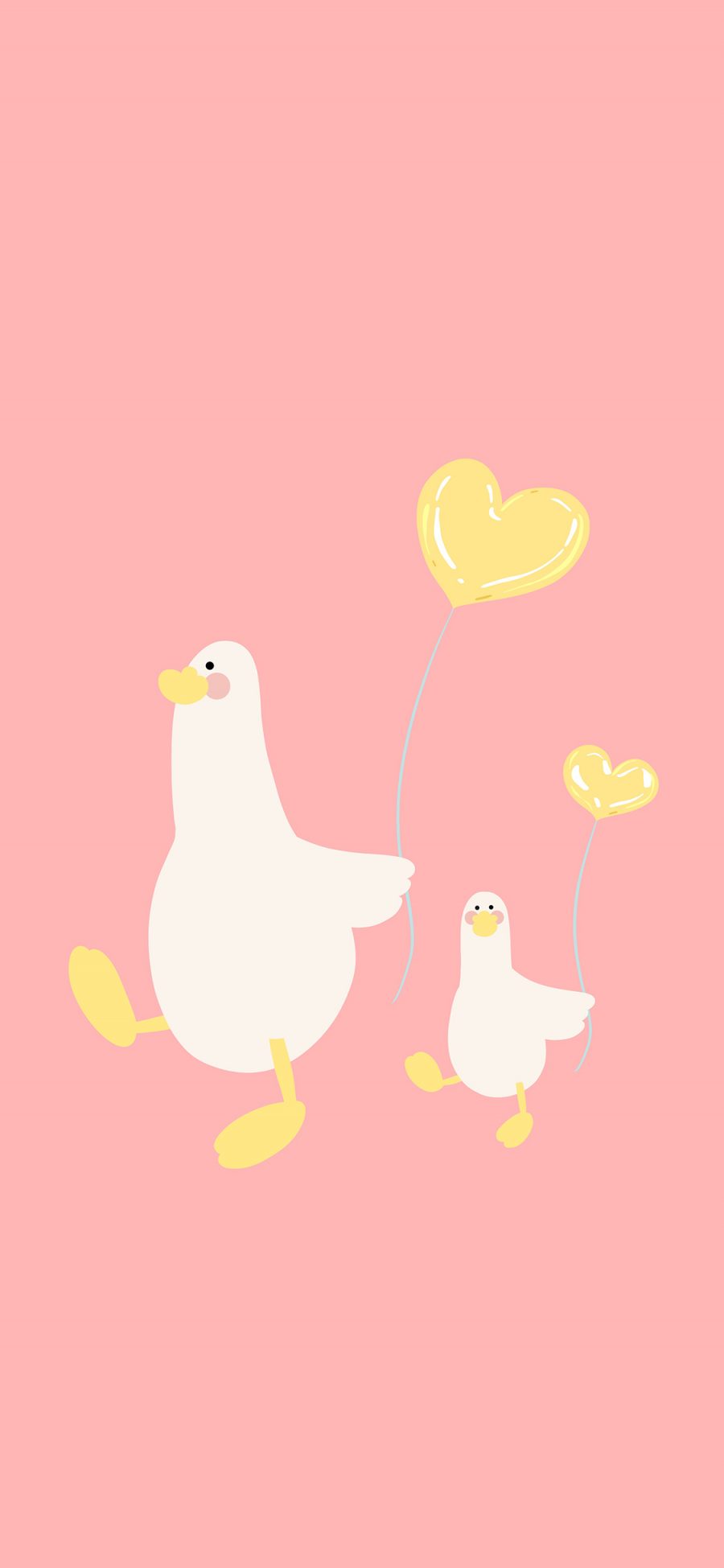 [2436×1125]鸭子 气球 粉色 卡通 行走 爱心 心形 苹果手机动漫壁纸图片