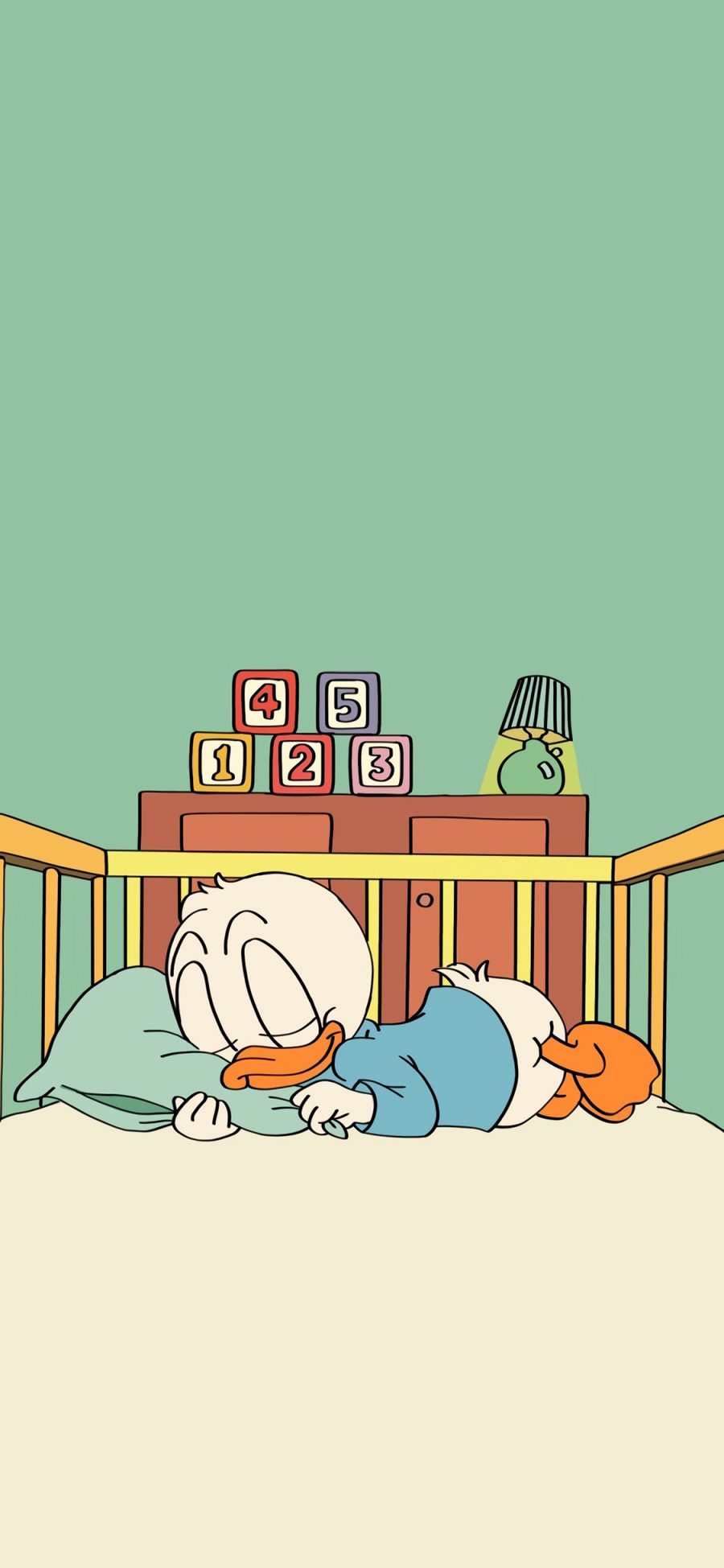 [2436×1125]鸭子 睡觉 卡通 数字 床 枕头 苹果手机动漫壁纸图片