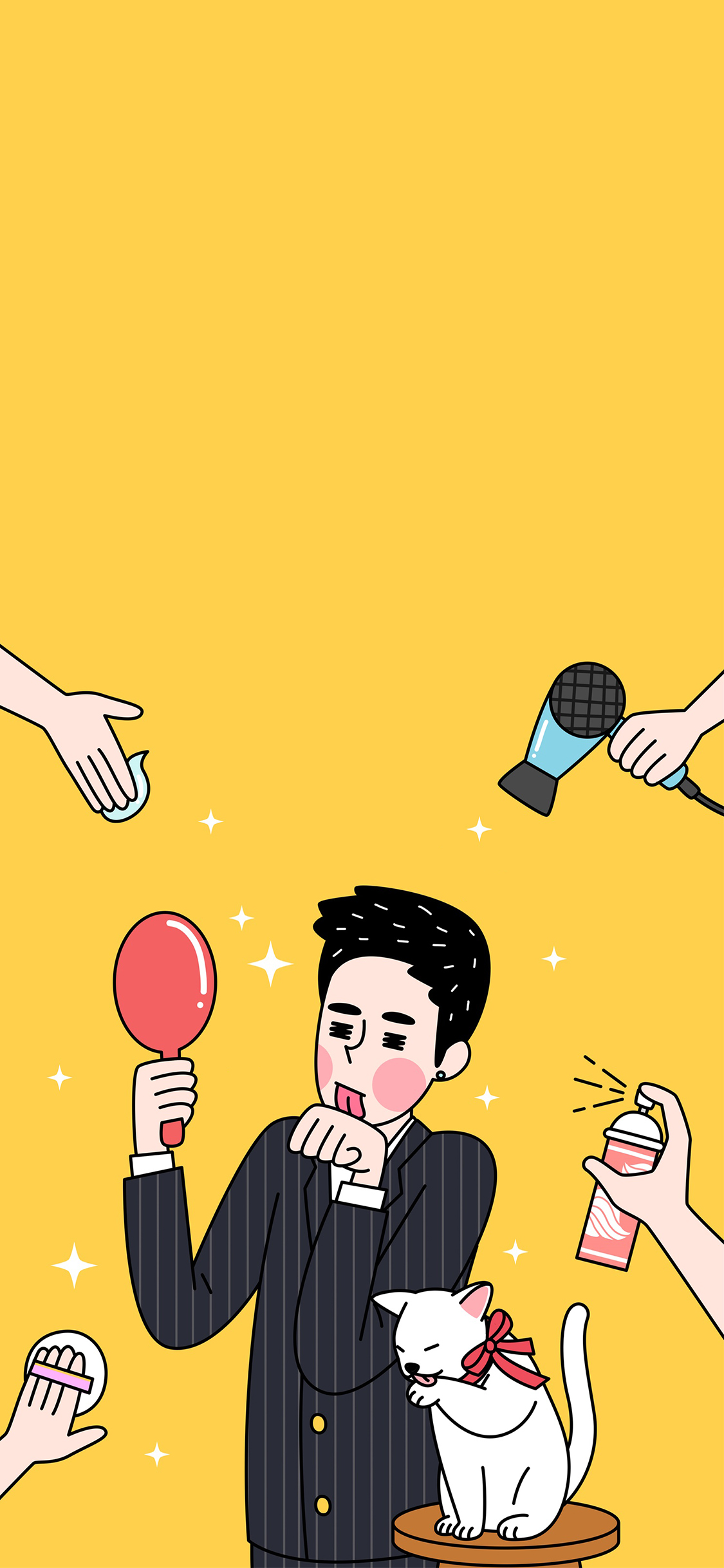 [2436×1125]黄色别急 插图 男孩 化妆 猫咪 苹果手机动漫壁纸图片