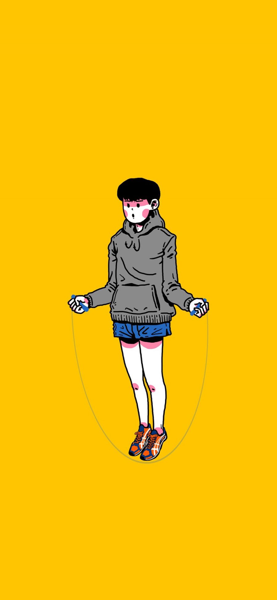 [2436×1125]黄色背景 CJroblue插图 男孩 跳绳 苹果手机动漫壁纸图片