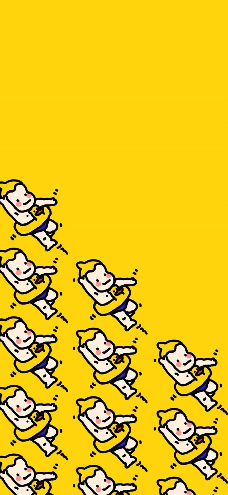 [2436×1125]黄色背景 卡通 小人 泳圈 苹果手机动漫壁纸图片