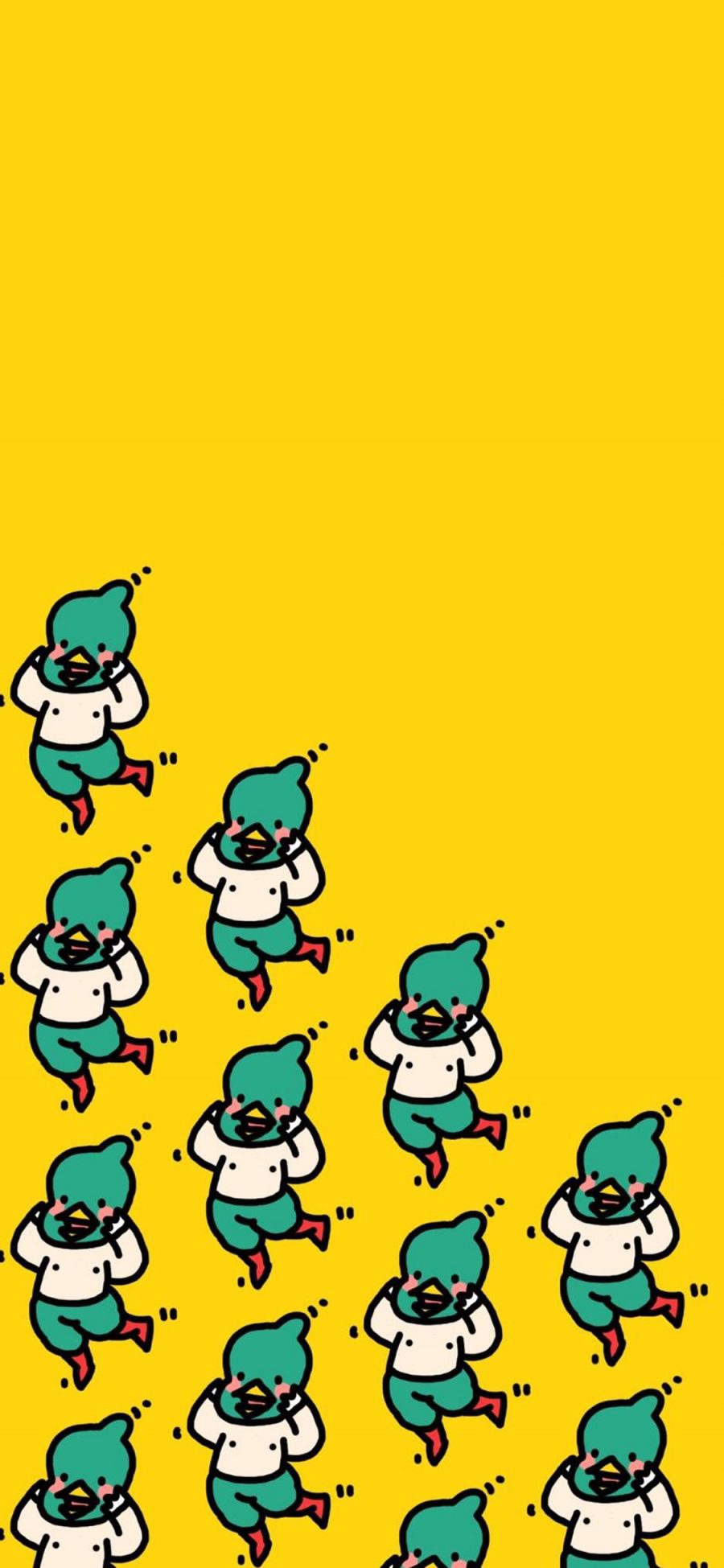 [2436×1125]黄色背景 卡通 小鸡 绿色 苹果手机动漫壁纸图片