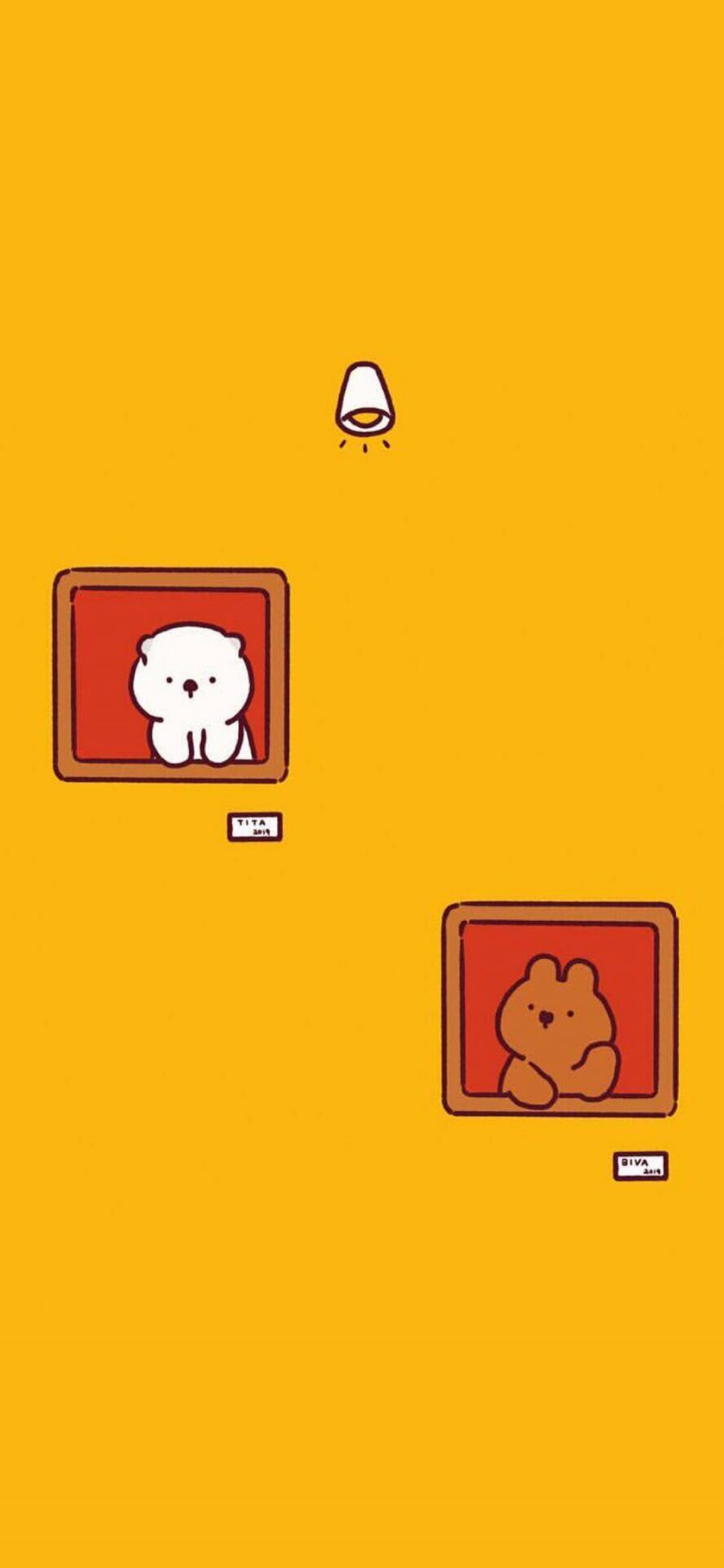 [2436×1125]黄色背景 卡通 萌物 小熊 苹果手机动漫壁纸图片