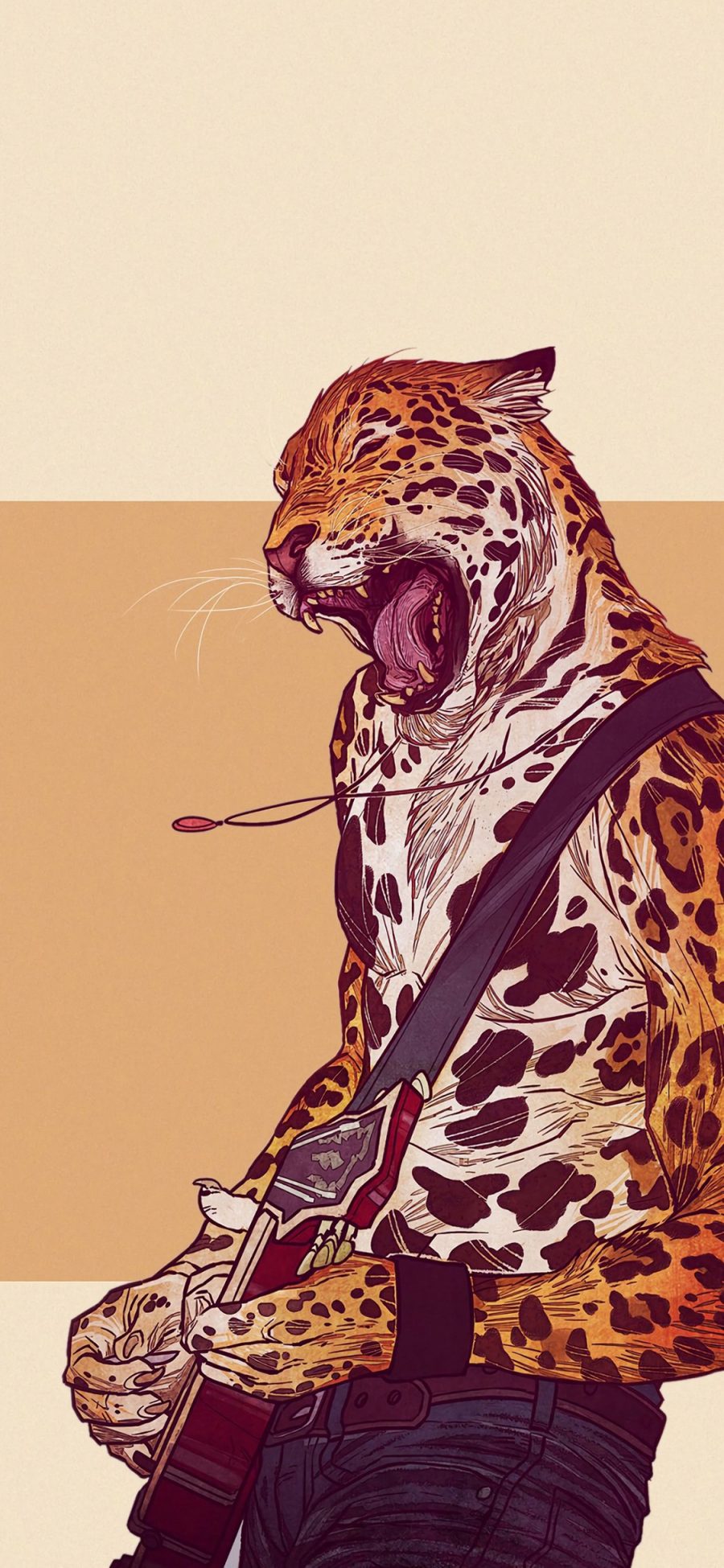 [2436×1125]动物插画 猎豹 摇滚 吉他手 苹果手机壁纸图片