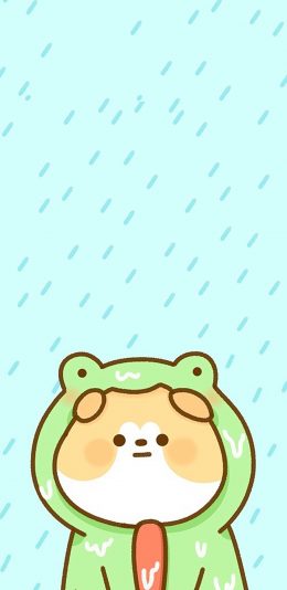 [2436x1125]卡通 狗狗 青蛙头套 下雨 可爱 苹果手机壁纸图片