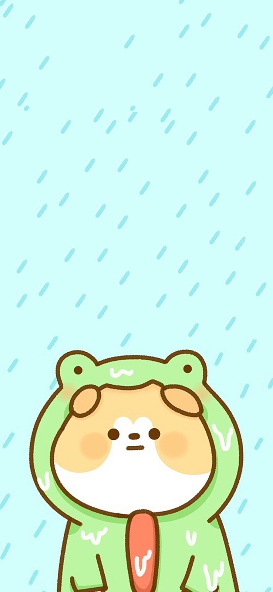 [2436×1125]卡通 狗狗 青蛙头套 下雨 可爱 苹果手机壁纸图片