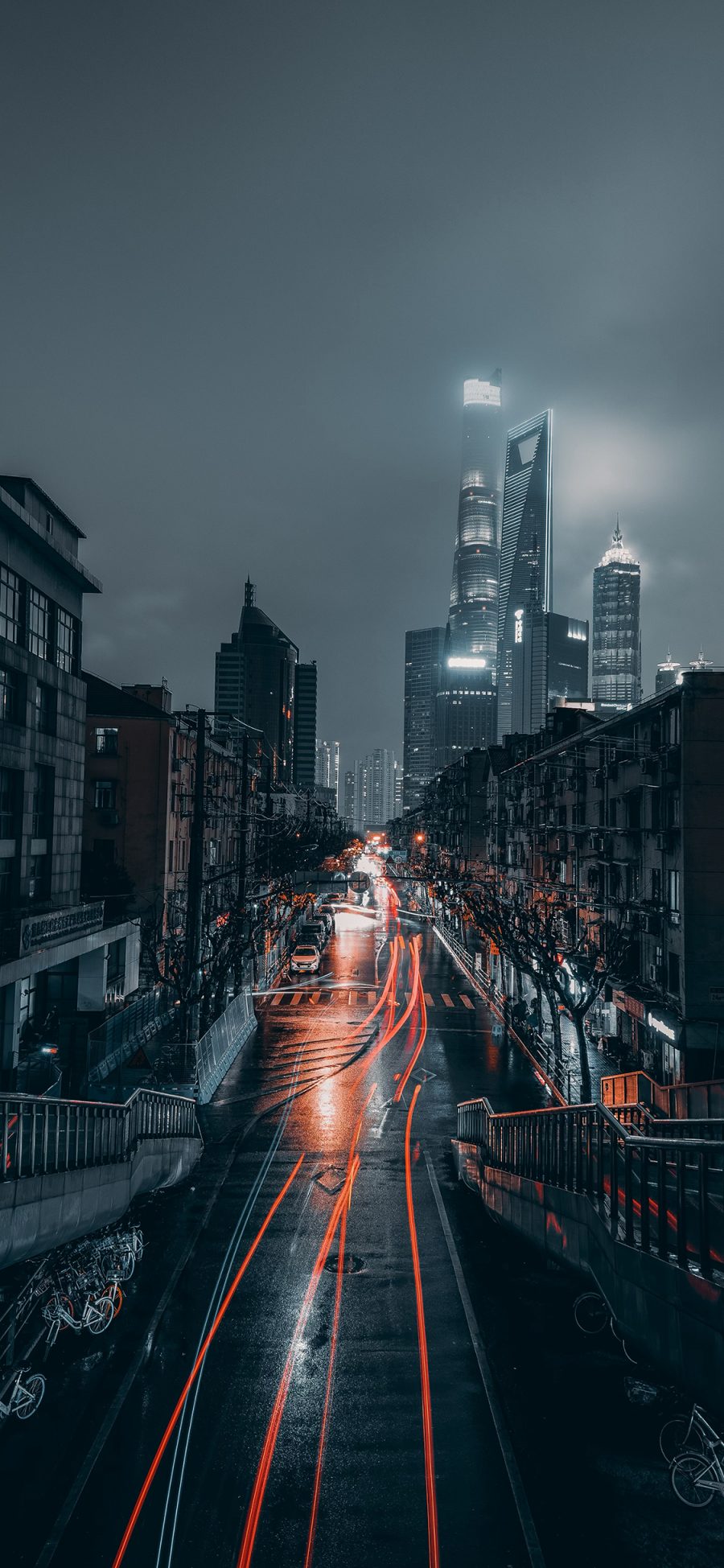 [2436×1125]上海 城市 建筑 夜晚 马路 苹果手机壁纸图片