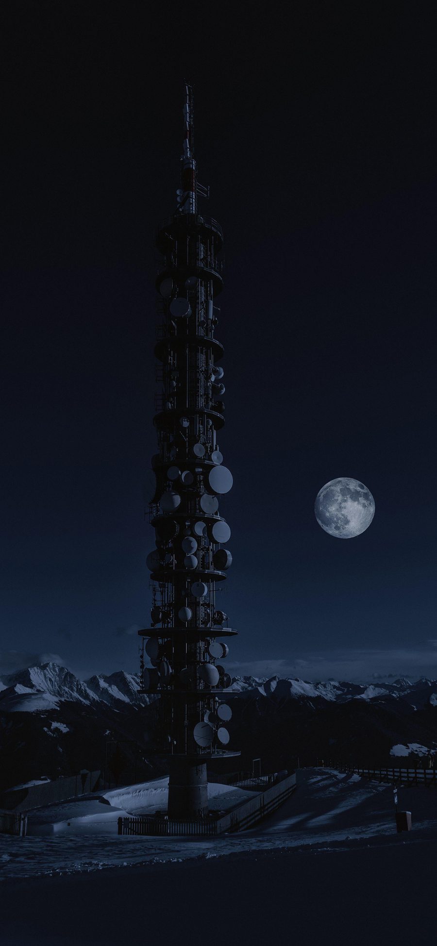 [2436×1125]信号塔 夜晚 月亮 雪山 苹果手机壁纸图片