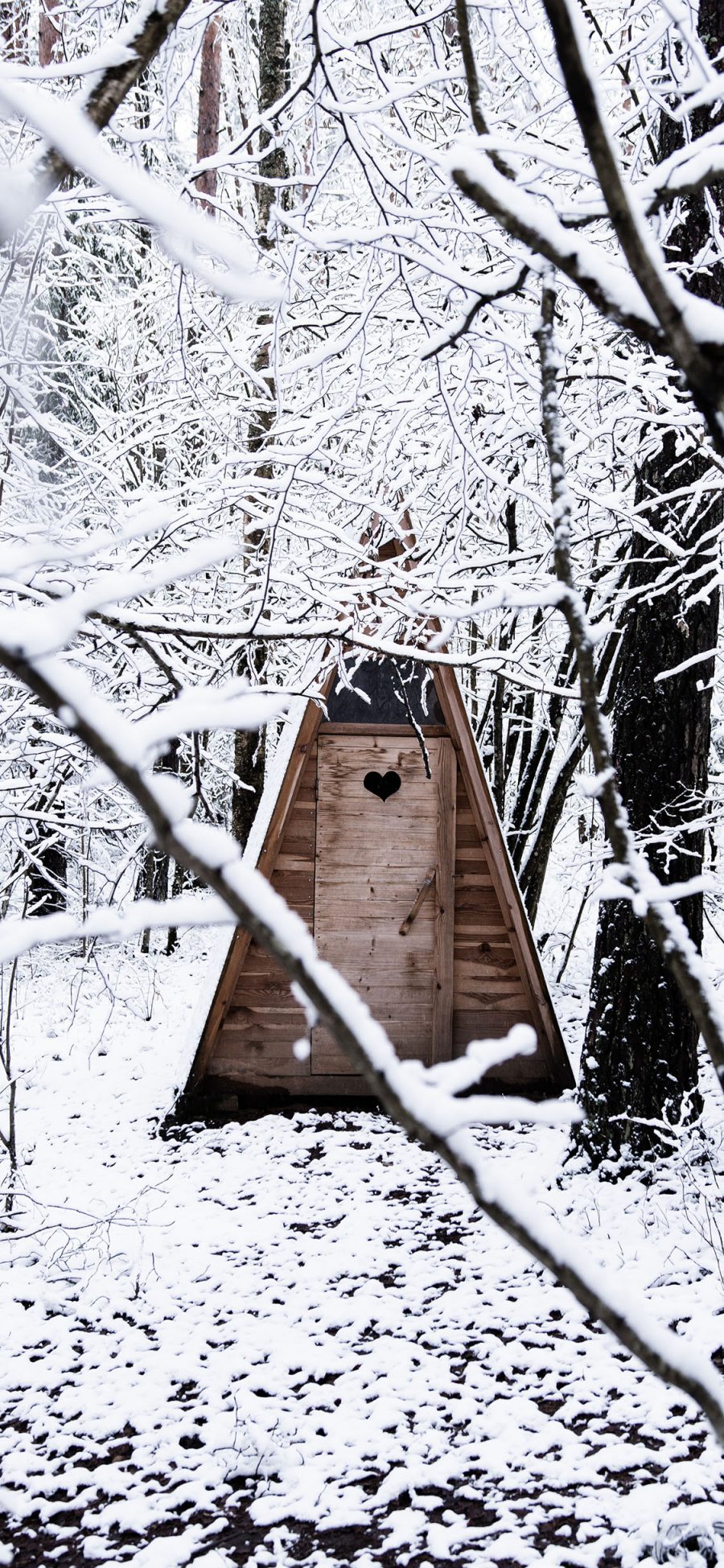 [2436×1125]冬季 树林 木屋 白雪覆盖 苹果手机壁纸图片