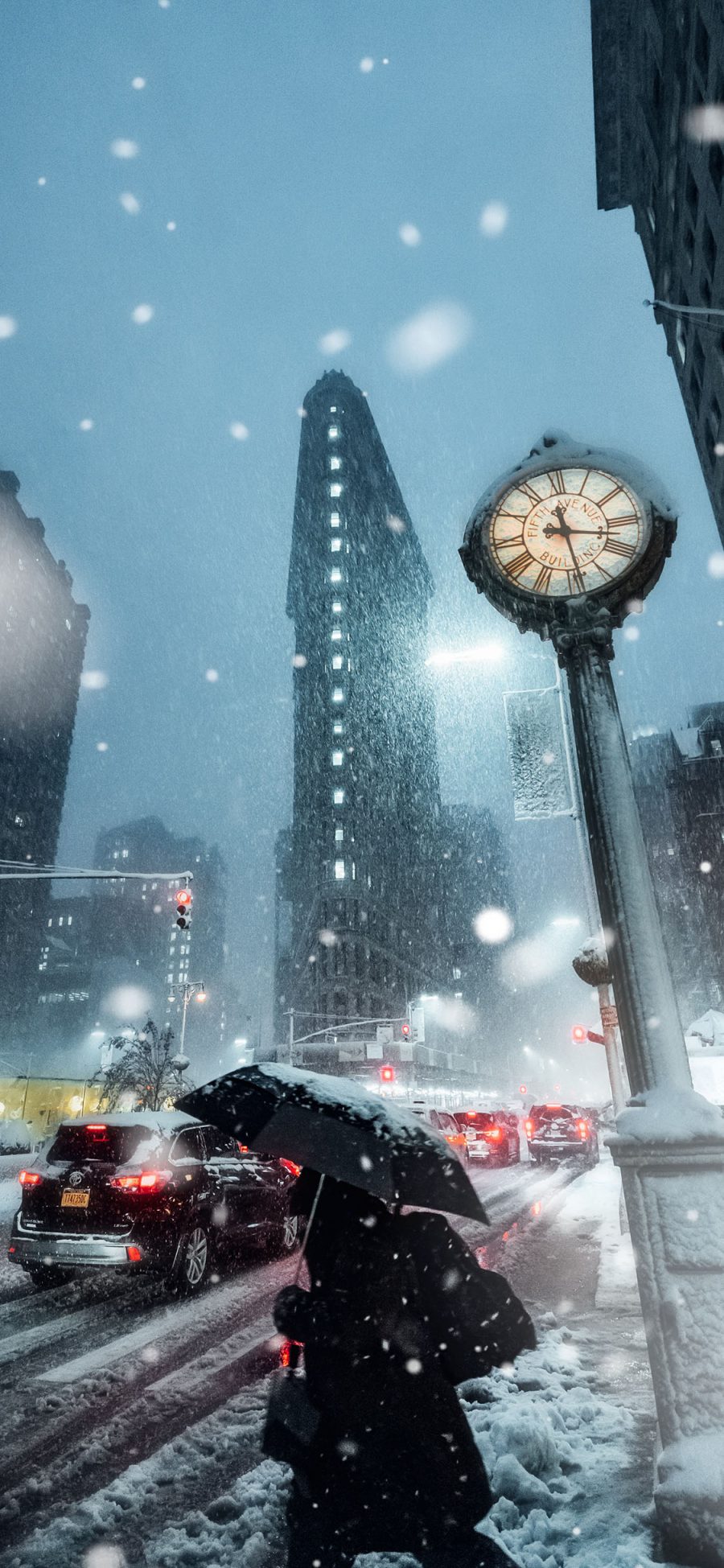 [2436×1125]冬季 街景 下雪 唯美 苹果手机壁纸图片