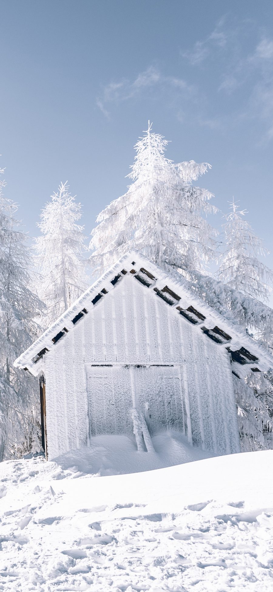 [2436×1125]冬季 雪地 木屋 唯美 苹果手机壁纸图片