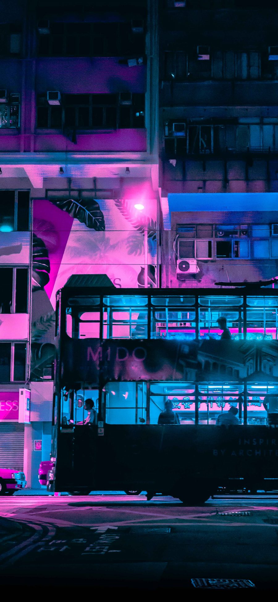 [2436×1125]双层巴士 夜晚 街道 香港 城市 苹果手机壁纸图片